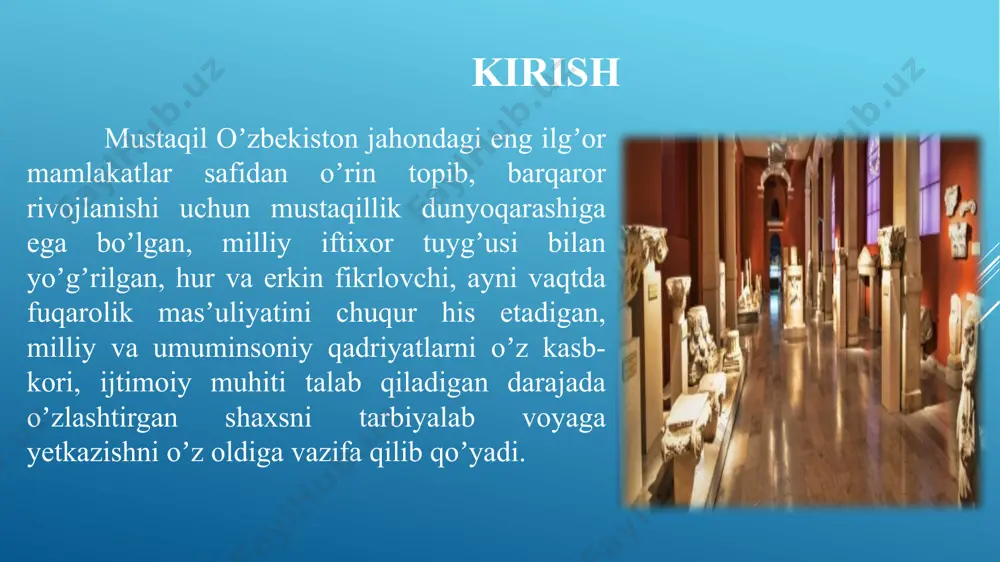 an boshlanadi” va “haqqoniy tarixni bilmasdan turib esa, oʼzlikni anglash mumkin emas” degan fikrlari juda qimmatlidir. shuni aytish kerakki, tarixni tushunishda, yaqin oʼtmishda boʼlganidek faqat ishlab chiqarish omillariga bogʼlab oʼrganmasdan, balki uni har tomonlama anglab, ayniqsa, maʼnaviyatimizning asosiy manbai va negizi sifatida oʼrganish zarur. muzeylarda ulugʼ alloma va mutufakkirlar ijodi va faoliyatlarini yoritish ulugʼ alloma va mutufakkirlar ijodi va faoliyatlarini yoritish, ularni yanadfa taʼsirchan, esda qolarli darajada aks ettirib berishni muzeylar oʼz oldiga vazifa qilib qoʼyadi. muzeylar faoliyatida anna shu boy maʼnaviy va moddiy boyliklar, madaniy yodgorliklar namoyishi va ilmiy tahlili asosiy oʼrinni egallaydi. muzeyda namoyish qilinayotgan har bir eksponat, xoh u qimmatbaho metal yoki toshlardan ishlangan boʼlsin, xoh аmaliy sanʼatning yorqin namunasi boʼlsin, yoki maʼnaviy merosning betakror yorqin qirralari boʼlsin, u shu xalqning oʼtmish hayoti, tafakkuri, isteʼdodi, iqtidoridan darak beradi tarixiy xotirani o‘rganishga konseptual yondashuvlar “tarixiy xotirani o‘rganishga konseptual yondashuvlar” birinchi bandida xotira haqidagi mavjud g‘oyalar, avvaliga individual, so‘ngra …