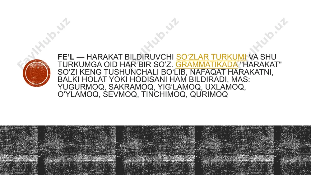 hi grammatik kategoriya. harakatning nutq paytiga munosabatiga koʻra feʼlning 3 zamon turi farqlanadi: oʻtgan zamon — keldi, oldim; hozirgi zamon • — kelyapman, kelyapti; kelasi zamon — kelaman, olasan feʼllar qanday grammatik shaklda qoʻllanishiga qarab gapning turli boʻlagi vazifasida keladi. mas, mayl, zamon, shaxsson paradigmasiga mansub shakllardan birida qoʻllanganda — kesim vazifasida; sifatdosh, ravishdosh shakllarida — anikdovchi, hol vazifasida; harakat nomi shaklida esa ot turkumiga oid soʻzlarga xos vazifalarda keladi. savol va topshriqlar e’tiboringiz uchun tashakkur image1.png image3.png image5.png /docprops/thumbnail.jpeg