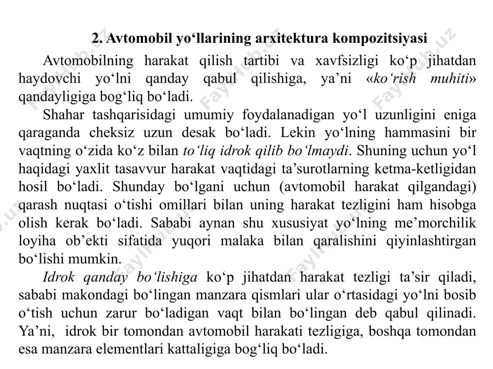 tlar to‘p o‘sgan alohida joylar, o‘rmonlar, yo‘l kesishgan joylar, yo‘l o‘tkazgichlar, yo‘l tutashgan joylar; dasht joylarda – alohida o‘rmonlar, daraxtlar to‘p o‘sgan joylar, yo‘lni kesib o‘tadigan dalani himoya qiladigan tasmalar, dasht fonida keskin ajralib turadigan boshqa elementlar; - ba’zan me’moriy havzalar bir-biridan yo‘ldagi yoki manzaradagi alohida elementlar bilan ajratiladi. ko‘pincha bir nechta element bir-biri bilan qo‘shib ishlatiladi, odatda bu elementlarning bittasi plan yoki profildagi egri chiziq, alohida chuqur joy, ko‘prik, yo‘l o‘tkazgich bo‘lishi mumkin. me’moriy havzalarni ajratib turadigan birikmalarning bir qismi sifatida albatta yo‘ldagi elementlar ishlatiladi; dominantlar ko‘pincha me’moriy havzaning kompozitsion markazi vazifasini bajaradi yoki uni ajratib ko‘rsatadi; umumiy dominantlarning 3 foizigina me’moriy havzalar chegarasida bo‘ladi; - yirik aholi punktlari, katta ko‘prikli o‘tish joylari alohida me’moriy havza bo‘ladi; - aholi punktlari, ko‘priklar dominant va yo‘l kompozitsiyasi markazi bo‘ladi; - dominantlar doim birikkan yo‘l elementlari bilan yo‘l yoqasidagi manzara elementlari birikmasidan tuziladi; umumiy ansamblning bir qismi bo‘ladigan har bitta me’moriy manzara …