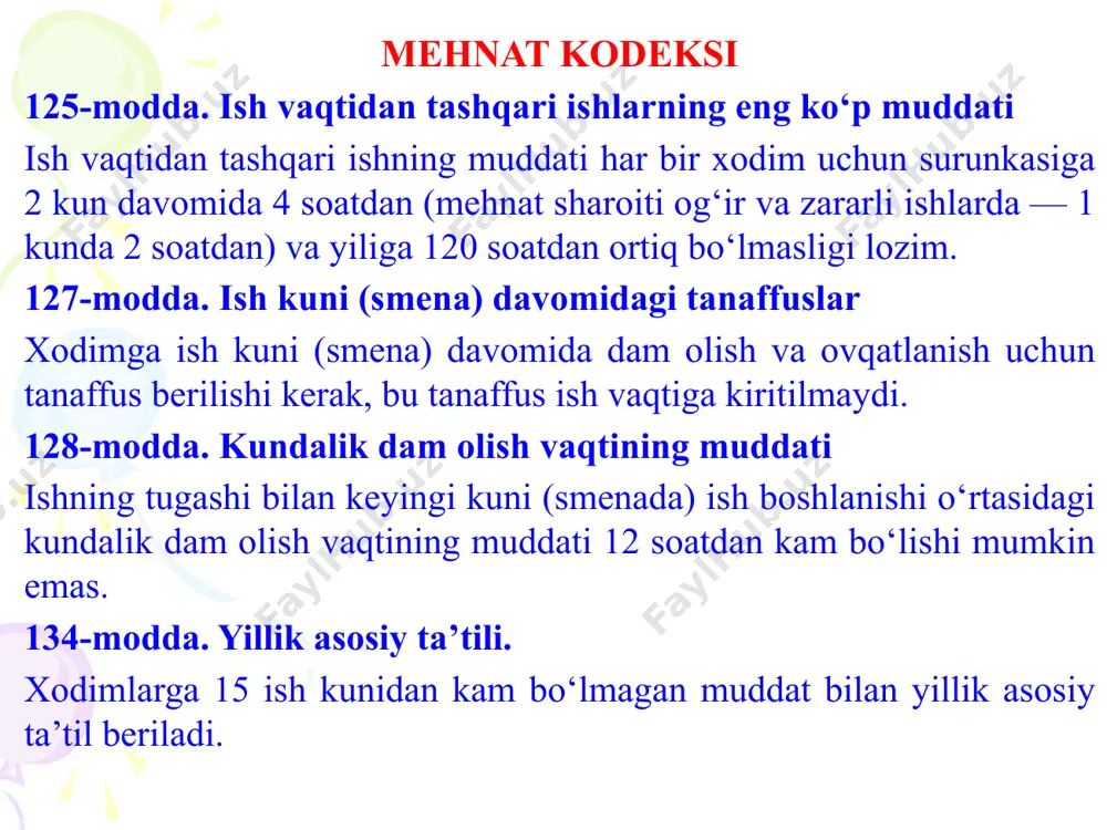 lik uchun to’lov, o’smir bolalarga beriladigan imtiyoz va boshqalar. asosiy ish haqiga qo’shib berish. moddiy yordam – ekishh (1 050 000) x 4.22 koefitseintigacha ndfl ushlanmaydi (4 431 000 sum). 2. mukofot (premya)- bayramlarda, rag’batlantirish uchun beriladi 3. foiz qo’shib berish (nadbavka) – ish haqiga foiz qo’shib berish 4. ovqat puli to’lash – rag’batlantirish 5. pasobiye – qo’shimcha qo’shib berish 6. kompinsatsiya – ishdan bo’shagan xodimlarga 3 oy to’lanadigan o’rtacha ish haqi soliqlarning foizi 1.daromad solig'i (ndfl) a) xususiy korxonalar 12 % (sk 381-modda) b) buyudjet tashkilotlari 12 % (sk 381-modda) v) norezedentlar 20 % (sk 353-modda) 2. yagona ijtimoiy to'lov (esp) a) xususiy korxonalar 12 % (sk 405-modda) b) buyudjet tashkilotlari 25 % (sk 405-modda) 3. ta'sischilarning dvident solig'i a) rezidentlarga 5 % (sk 381-modda) b) norezidentlarga 10 % (sk 353-modda) 4. foyda solig'i a) rezidentlarga 15% (sk 337-modda) b) norezidentlarga 20 % (sk 353-modda) 5. nds 12 % …