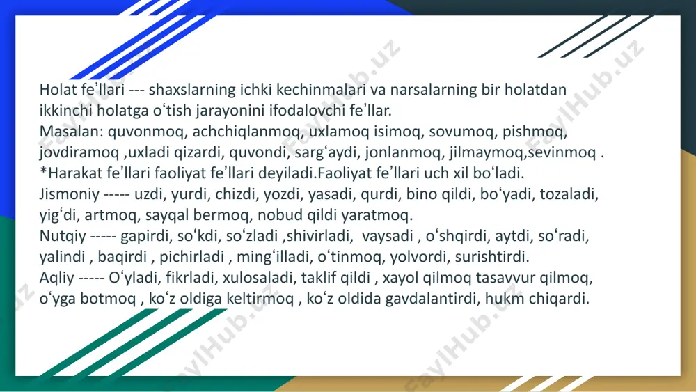 borganmas -esa. bogʻlovchiga bogʻlangan -emas inkor shakliga oʻtgan feʼl oʻqimoqchi edi ot qiz edi sifat yosh edi olmosh men edim son oltita edi ravish koʻp edi undalma oh-voh edi