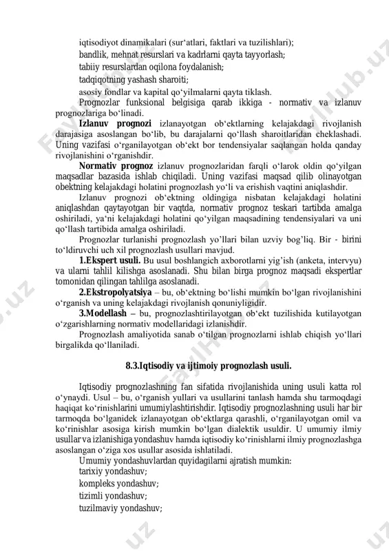 nozlashning nazariy muhim muammolaridan biri prognozlar turlarining tuzilishi hisoblanadi. turlar - har xil mezonlar va belgilariga asoslanib ko‘rilishi mumkin. masalan, ob‘ektlarga, prognozlash usullariga, yechiladigan masalalarga, vazifalarga va boshqalarga. bulardan eng muhimlariga quyidagilar kiradi: prognozlash ko‘lami; prognozlash muddati; ob‘ekt xarakteri; prognoz funksiyalari (funksional belgi). prognozlash ko‘lami bo‘yicha quyidagilar ko‘rsatib o‘tilgan. a) makroiqtisodiy (xalq xo‘jaligi) va tarkibiy (tarmoqlararo va regionlararo) prognozlash; b) xalq xo‘jaligi majmualarining prognozlari (yoqilgi, energetika, agrosanoat, ishlab chiqarish infratuzilmasi, aholiga xizmat ko‘rsatish sohalari va boshqalar); c) tarmoq va regional prognozlar; d) xalq xo‘jaligi tizimining boshlang’ich bo‘g’inlarini prognozlash (korxonalarda ishlab chiqarish uyushmalarini va hokazo). tuzilish muddati bo‘yicha prognozlar operativ, qisqa muddatli, o‘rta muddatli, uzoq muddatli turlarga bo‘linadi. operativ prognoz bir oygacha; -qisqa muddatli prognozlar 1 oydan 1 yilgacha; -o‘rta muddatli prognozlar 1 yildan 5 yilgacha; -uzoq muddatli prognozlar 5 yildan 20 yilgacha; o‘rta uzoq muddatli prognozlar 20 yildan ortiq tasdiqlanish muddatiga ega. prognozlarning izlanilayotgan ob‘ekt xarakteriga ko‘ra bo‘linishlari har xil …