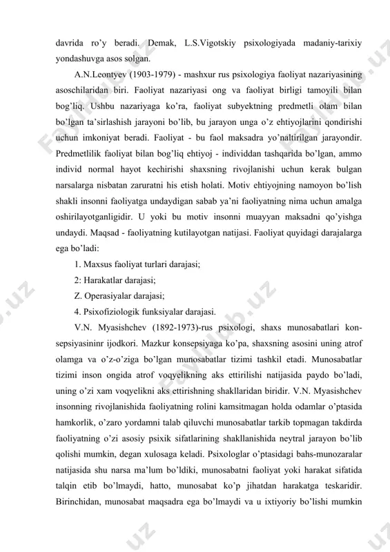 ga teskaridir. birinchidan, munosabat maqsadra ega bo’lmaydi va u ixtiyoriy bo’lishi mumkin emas; ikkinchidan, munosabat jarayon emas, u fazo va vaqtga chegaralan​magan; uchinchidan, munosabat maxsus tashqi madaniy vositalar bilan amalga oshirilmaydi, u umumlashma shaklda o’zlashtirilishi mumkin emas. munosabat har doim individualdir. biroq munosabat harakat bi​lan chambarchas bog’liqdir. u harakatni keltirib chiqaradi, o’zi ham harakat davomida shakllanishi va o’zgarishi mumkin. munosabat harakat manbai ham, natijasi ham bo’lishi mumkin, ammo bo’lmasligi ham mum​kin. chunki munosabat har doim ham tashqi faollikda namoyon bulmaydi. qolaversa, inson ayni damda yoki umuman mavjud bo’lmagan faqat uning o’z ongida mavjud narsalarga ham qandaydir mynocabatda bo’lishi mum​kin. adabiyotlar: 1. karimova v. m. «psixologiya» t.sharq 2002y. 2. g’oziyev e. g’. «umumiy psixologiya» 1-2 tom. toshkent-2002y. 3. ivanov p.i., zufarova m. «umumiy psixologiya» t.: o’zbekiston faylasuflar milliy jamiyati, 2008 yil 4. xaydarov f.i., xalilova n.i. «umumiy psixologiya» t.: fan va texnologiyalar 2010 yil 5. davletshin m.g. «umumiy psixologiya» t.: tdpu …