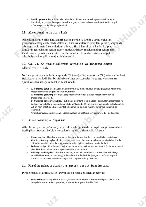 en) katta molekulalarga, ya'ni polimerlarga aylantiriladi. polimerizatsiya jarayoni plastmassa va sintetik materiallar ishlab chiqarishda ishlatiladi.  reduksiya va oksidlanish: organik birikmalarda elektronlar almashinuvi orqali reaktsiyalar sodir bo‘ladi. bu reaksiyalar orqali yuqori energiyali molekulalarni hosil qilish yoki mavjud molekulalarni stabil holatga keltirish mumkin. 8. olefinlar (alkenlar) qo‘llanilishi olefinlar (alkenlar), masalan, etilen, propilen va butilenlar, kimyo sanoatida keng qo‘llaniladi. etilen va propilen - bu yuqori reaktivlikka ega bo‘lgan uglevodorodlar bo‘lib, turli polimerlar va sintetik materiallar ishlab chiqarishda muhim xom ashyo sifatida ishlatiladi. olefinlarning asosiy qo‘llanilish sohalari quyidagilardir:  polimerizatsiya: olefinlar polimerizatsiya jarayonida plastiklar va boshqa materiallarga aylantiriladi. masalan, etilen polietilen va propilen polipropilen ishlab chiqarish uchun ishlatiladi.  sintetik kauchuk: olefinlar sintetik kauchuklar ishlab chiqarish jarayonlarida ishlatiladi. butadien va stiren asosidagi kauchuklar avtomobil tarmoqlari va qurilish sanoatida qo‘llaniladi.  kimyoviy intermediariylar: olefinlar ko‘plab kimyoviy reaksiyalar uchun boshlang‘ich material sifatida ishlatiladi, masalan, vinil xlorid, akrilonitril, metanol va boshqa kimyoviy birikmalarni olishda. 9. piroliz …