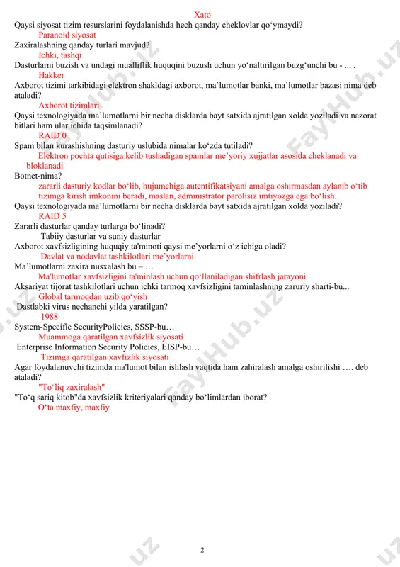 i j: fizik satx osi modelining ikkinchi satxi qanday nomlanadi j: kanal satxi osi modelining uchinchi satxi qanday nomlanadi j: tarmoq satxi osi modelining oltinchi satxi qanday nomlanadi j: taqdimlash satxi osi modelining yettinchi satxi qanday nomlanadi j: amaliy satx osi modelining qaysi satxlari tarmoqqa bog’liq satxlar hisoblanadi j: fizik, kanal va tarmoq satxlari osi modelining tarmoq satxi vazifalari keltirilgan qurilmalarning qaysi birida bajariladi j: marshrutizator osi modelining fizik satxi qanday funktsiyalarni bajaradi j: elektr signallarini uzatish va qabul qilish foydalanishna boshqarishda ma’lumot , resurs, jarayon nima vazifani bajaradi ? j: obyekt foydalanishni boshqarishda inson, dastur, jarayon va xokazolar nima vazifani bajaradi? j: subyekt simmetrik kriptotizimlarda ... jumlani davom ettiring j: shifrlash va shifrni ochish uchun bitta va aynan shu kalitdan foydalaniladi simmetrik kalitli shifrlash tizimi necha turga bo’linadi. j: 2 turga axborotning eng kichik o’lchov birligi nima? j: bit ko‘z pardasi, yuz tuzilishi, ovoz tembri-: bular autentifikatsiyaning qaysi faktoriga …