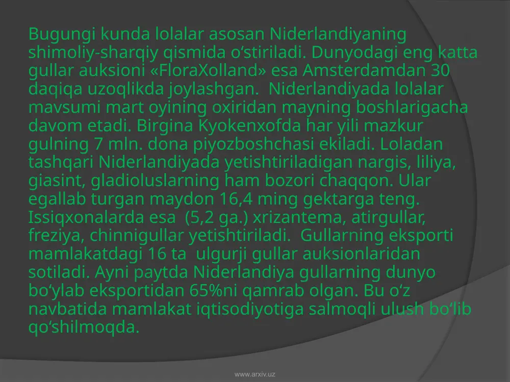 da o‘rin tutadi. mazkur baliqqa nisbatan talab kattaligi uni nafaqat dengizda tutishga, balki ichki havzalarda ham yetishtirshga undamoqda. har yili yevropa qumitasi mutaxassis biologlarning baliq zahirasi xususidagi tavsiyalaridan kelib chiqqan holda yevropa ittifoqining har bir a’zosi uchun har yili baliq tutish kvotasi belgilaydi. qoidani buzgan mamlakat javobgarlikka tortiladi. www.arxiv.uz niderlandiya — yuqori darajada rivojlangan industrial agrar mamlakat. yalpi ichki mahsulotda sanoat ulushi 24,4 %, qishloq xo’jaligi ulushi 4,3 %. niderlandlar muhim dengiz va quruqlikdagi transport yo’llari kesishgan yerda joylashgan. www.arxiv.uz bugungi kunda niderlandiya qishloq xo‘jaligi intensiv ravishda rivojlanmoqda va 2013 yilda qishloq xo‘jaligi sohasida yetishtirilgan mahsulotlar mamlakat iqtisodiyotiga 20 mlrd. yevro daromad keltirdi. agrar eksport tizimida sabzavotlar, mevalar va gullar (15 mlrd. yevro), hamda chorva mahsulotlari (5 mlrd.evro) yetakchilik qilib kelmoqda. qishloq xo‘jaligiga maqbul yerlar davlatning barcha hududidan 65 foizni tashkil etadi. shundan 27 foizi haydaladigan, 32 foizi yaylovlar va 9 foizi o‘rmonlardir. ammo yildan yilga yaylovlar soni qisqarib, birgina …