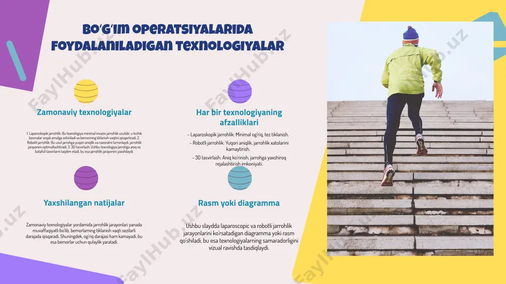 : psixologik yordam bemorlarning ruhiy holatini yaxshilashga yordam beradi, bu esa tiklanish jarayoniga ijobiy ta'sir ko'rsatadi. xulosa - boʻgʻim operatsiyalari turli xil muammolarni hal qiladi va salomatlikni yaxshilaydi. - zamonaviy texnologiyalar operatsiyalar samaradorligini oshiradi va reabilitatsiyani yengillashtiradi. - reabilitatsiya bemorlarning to‘liq tiklanishiga yordam beradi va sog‘lom hayot tarziga qaytishni ta’minlaydi. - bemorlar uchun maslahatlar va shifokor bilan maslahatlashish jarayoni muhimdir. q&a image1.png image2.png image3.png image4.png image15.jpg image5.png image16.jpg image6.png image7.png image8.png image9.png image17.jpg image10.png