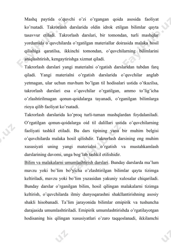 n o’qitish metodlari nafaqat bilimlarni bayon qilish yoki uni mustahkamlashga xizmat qilishi, balki o’quvchilarning mustaqil bilim olishni ham hisobga olish, ta’lim jarayoniga izlanuvchanlik va tadqiqotchilik unsurlarini qo’shish orqali ulrni ijodiy faoliyatiga tayyorlash lozim. ana shu nuqtai nazardan qaraladigan bo’lsa, ta’lim metodlarini ikki katta guruhga ajratsa bo’ladi: 1.o’qituvchi faoliyati bilan bog’liq metodlar. 2.o’qituvchi faoliyati bilan bog’liq metodlar. o’quvchi faoliyati bilan bog’liq metodlarni: 1.bilimlarni tayyor holda bayon etish; 2.bilimlarini muammoli yo’l bilan bayon qilish metodlariga ajratsa bo’ladi. o’quvchi faoliyati bilan bog’liq metodlar o’z navbatida qayta xotirlash, qisman izlanuvchanlik va izlashga asoslangan metodlarga bo’linadi. bilimlarni tayyor holda bayon qilish metodi. bu metod ona tili darslarida eng ko’p tarqalgan metodlardan biridir. bayon yordamida murakkabroq, ayniqsa, o’quvchilarga oldindan ma’lum bo’lmagan ma’lumotlar izohlanadi. ko’pincha til hodisalarining mohiyatini tushuntirish, o’quvchilar bilimidagi bo’sh tomonlarni to’ldirish, qo’shimcha ma’lumot berish, savollarga javob qaytarish maqsadida bu metodga murojaat qilinadi. bu metod ham ijobiy, ham salbiy tomonlarga ega. uning ijobiy tomonlaridan biri …