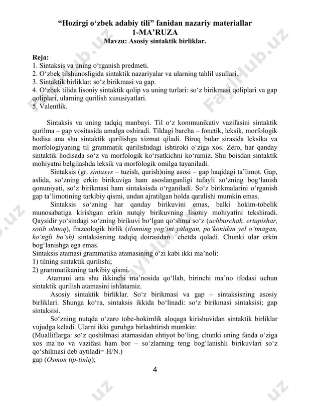 elishi sintaksisning boshqa sathlar bilan zich aloqada ekanligini ko‘rsatadi. demak, nutqda: 1) so‘zlar o‘zaro sintaktik aloqaga kirishib, tushuncha ifodalovchi birlik – so‘z birikmasi vujudga keladi. so‘zlarning o‘zaro birikib, tushuncha ifodalovchi birlik hosil qilish qonuniyatini o‘rganish – so‘z birikmasi sintaksisining vazifasi; 2) so‘z fikr ifodalashga ixtisoslashgan nutqiy birlik – gapni shakllantiradi. gap hosil qilish qonuniyati bilan gap sintaksisi mashg‘ul bo‘ladi. sintaktik birlikning ikki tomoni. lsq tushunchasi. fonetika, leksika va morfologiyada bo‘lgani kabi sintaksisda ham lisoniy va nutqiy jihat farqlanadi. ma’lumki, lisoniy hodisa bevosita kuzatishda berilmaganlik (moddiylikdan xolilik), miqdoran cheklilik, takrorlanuvchanlik, ijtimoiylik va majburiylik belgisiga ega, u bevosita kuzatishda berilganlik, miqdoriy cheklanmaganlik, betakrorlik, individuallik, ixtiyoriylik xususiyatlariga ega bo‘lgan nutqiy hodisaga qarama-qarshi turadi. nutqiy sintaktik birlik sifatida nutqda qo‘llanadigan, sezgi a’zolariga ta’sir qiladigan, o‘qish, yozish, aytish, eshitish mumkin bo‘lgan so‘z birikmasi va gap tushuniladi. lisoniy sintaktik birlik esa so‘z birikmasi va gap hosil qilish qolipidir. lisoniy sathga tegishli bo‘lganligi uchun ularni lisoniy sintaktik …