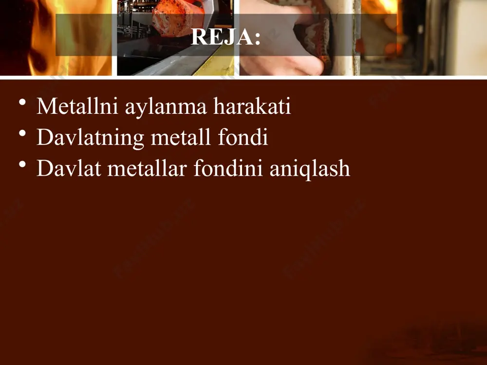 r, aholini shaxsiy buyumlari. davlat metall fondi davlat metall fondini asosiy va harakatdagi qismini foydalanilayotgan metallar tashkil qiladi. buning miqdori uzoq muddatga xalq xo‘jaligiga sarflangan metallar ko‘lamidan, hamda metallarni o‘rtacha xizmat muddatidan aniqlanadi. metallarni xizmat muddati - bu xalq xo‘jaligidagi asosiy va aylanma fondlar tarkibida, shaxsiy buyumlarda metallni turish davomiyligidir. xalq xo‘jaligiga sarflanadigan metallar - metall olishga sarflanadigan mablag‘ hisoblanadi. ya’ni, ishlab chiqarishdagi metallarga aylanish jarayoni, metall fondini vujudga keltirish qismini tarkibiga kiradi. davlat metall fondining ahvolini asosiy ko‘rsatkichlari - uning hajmi, tarmog‘i, moddiy va vaqt (yosh) strukturalari hisoblanadi. metall fondi respublikamizning metall fondining hajmi xalq xo‘jaligidagi asosiy va aylanma fondlaridagi, aholining shaxsiy buyumlaridagi metallar miqdoriga teng. davlat metall fondining tarmoq strukturasi deyilganda, xalq xo‘jaligining turli tarmoqlarida, ishlab chiqarishda, transportda, qora va rangli metallurgiya, mashinasozlikda, kimyo sanoatida metallarni taqsimlanishi tushuniladi. davlat metall fondining moddiy strukturasi metallarni quyidagi asosiy fondlar bo‘yicha taqsimlanishini ko‘rsatadi: bino va inshoatlar kuch mashina va mexanizmlari ishchi …