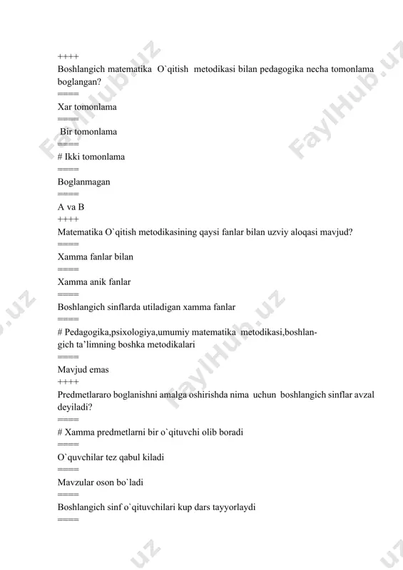 va ilmiy nazariyalarini tuzish maqsadida ilmiy informasiyalarini olish usullari bu? ==== ilmiy nazariy metodlar ==== informasion metodlar ==== matematik metodlar ==== #ilmiy tadkikot metodlari ==== barcha javoblar ++++ odatdagi sharoitda kuzatish natijalarini tegishlicha qayd qilish bilan pedagogik jarayonni bevosita maqsadga yo`naltirilgan xolda idrok qilish bu? ==== eksperiment metodi ==== ilgor tajriba metodi ==== maksadli izlanish metodi ==== o`quvchilar ishlari va xujjatlarini o`rganish metodi ==== # kuzatish metodi ++++ matematika darslarida kichik yoshdagi o`quvchilarning bilsh faoliyatlari qanday kuzatish turiga kiradi? ==== o`quvchilarning o`rganish ==== bevosita kuzatish ==== sodda kuzatish ==== tanlama kuzatish ==== #tutash kuzatish ++++ matematika darslarida o`quvchilarning mustakil ishlari qanday kuzatish turiga kiradi? ==== o`quvchilarni o`rganish ==== bevosita kuzatish ==== sodda kuzatish ==== # tanlama kuzatish ==== tutash kuzatish ++++ maxsus tashkil kilingan, tadkikotchi tomonidan nazorat qilib turiladigan va sistematik ravishda o`zgartirib turiladigan sharoitda o`tkaziladigan metod bu? ==== kuzatish ==== #eksperiment ==== anketalashtirish ==== suxbat ==== nazariy metod ++++ …