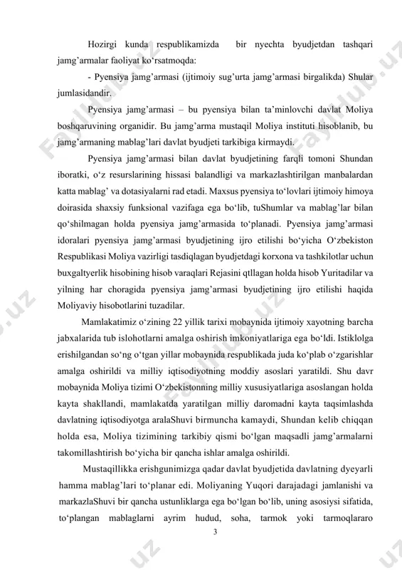 huvi bir qancha ustunliklarga ega bо‘lgan bо‘lib, uning asosiysi sifatida, tо‘plangan mablaglarni ayrim hudud, soha, tarmok yoki tarmoqlararo komplyekslarlarda mavjud global muammolarni yechishga yо‘naltirilganini aytish mumkin. biroq bu turdagi markazlashuvning asosiy kamchiligi, moliyaviy mablaglarning umumxо‘jalik tizimi va alohida olingan moliya ob’yektlarining rivojlanishidagi samara darajasining juda past bо‘lganligidir. sir emaski, istiqlolimizning dastlabki yillarida xо‘jalik tizimining bir turdan boshqa turiga о‘tish jarayonida iqtisodiyotimizda, bir qancha muammolar yuzaga kyelgan. iktisodiy va moliyaviy muammolar aholi turmush darajasining syezilarli darajada pasayishi va ishsizlikning darajasining о‘sib kyetishiga asosiy sabab bо‘ldi. bunday sharoitda, bir tomondan cheklangan moliyaviy mablaglarning davlat miqiyosidagi muhim umumiqtisodiy va ijtimoiy talablarni qondirilish maqsadiga yо‘naltirish chora-tadbirlari tursa, ikkinchi tomondan esa, moliyaviy tanqislikni kyeltirib chiqaruvchi inqiroz sharoitida markaziy hokimiyatning oldida jamiyat ehtiyojlarini zaruriy ravishda qondirish uchun, boshqa, davlat ahamiyatiga molik xarajatlardan voz kyechishga majbur bо‘ladi. shuning uchun ham davlat byudjetidan maqsadli jamg’armalarni ajratish zarurati yuzaga kyeldi. chunki ma’lum maqsadga yо‘naltirilgan jamg’armalarning tashkil qilinishi natijasida о‘sha …