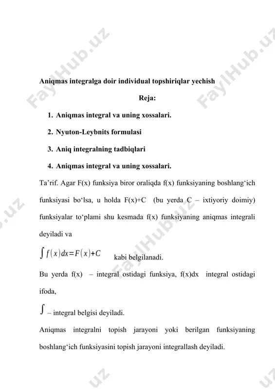 hisoblash uchun ni ga almashtirishingiz va o’rniga qo’yib yozishingiz kerak: aniq integralning asosiy xossalari. 1-xossa: bir nechta funksiyalar algebraik yig‘indisining aniq integrali qo‘shiluvchilar aniq integrallarining yig‘indisiga teng: 2-xossa: o‘zgarmas ko‘paytuvchini aniq integral belgisidan tashqariga chiqarish mumkin: 3-xossa: agar [a, b] kesmada funksiya o‘z ishorasini o‘zgartirmasa, u holda aniq integralning ishorasi funksiya ishorasi bilan bir xil bo‘ladi, ya’ni a) agar [a, b] kesmada f(x)0 bo‘lsa, u holda ; b) agar [a, b] kesmada f(x)dx0 bo‘lsa, u holda . 3.nyuton-leybnits formulasi. aniq integrallarni integral yig‘indining limiti sifatida bevosita hisoblash ko‘p hollarda juda qiyin, uzoq hisoblashlarni talab qiladi va amalda juda kam qo‘llaniladi. integrallarni topish formulasi nyuton-leybnits teoremasi bilan beriladi. teorema: agar f(x) funksiya f(x) funksiyaning [a; b] kesmadagi boshlang‘ich funksiyasi bo‘lsa, u holda aniq integral boshlang‘ich funksiyaning integrallash oralig‘idagi orttirmasiga teng, ya’ni: bu tenglik aniq integralni hisoblashning asosiy formulasi (nyuton-leybnits formulasi) deyiladi. 1) figuralar yuzlarini dekart koordinatalar sistemasida hisoblash a) avvalgi o’tilgan …