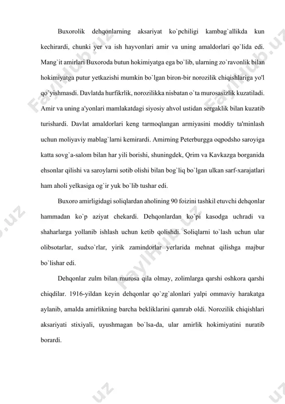 osh tortdilar hamda kambag`al bir dehqon rahnamoligida qo`zg`alon ko`tardilar. amaldorlar o`ravonligi va ijtimoiy zulmdan ezilgan minglab dehqonlar vose' tevaragiga uyushdilar. 1885-yil iyul oyining so`nggi kunlarida dehqonlar armiyasi va amir muzaffar lashkari qaqshatqich qattiq jangda to`qnashdilar. yomon tayyorgarlik ko`rgan dehqonlar qo`shinlari mag`lubiyatga uchradi. rahnamolarining barchasi, jumladan, vose' ham qatl etildi. boshqa bir yirik dehqonlar qo`zg`aloni 1888-yili ko`lob bekligida bo`lib o`tdi. 1889-yil may oyida kalif dehqonlari isyon ko`tardilar. biroq bu qo`zg`alonlarning barchasi stixiyali va uyushmagan edi. ular nafrat isyoni bo`lib, dehqonlar amlokdorlarni o`ldirishar, beklarning uylariga hujum qilib, yoqib yuborishar, mol-mulkini talashar edi. bu isyonlar davlat asoslariga katta ta'sir o`tkaza olmasdi. hunarmandchilikning rivojlanishi zamin bag`rida yashirinib yotgan katta boyliklarga hali qo'1 tekkizilmagan edi. qayta ishlovchi sanoat korxonalari asosan shaharlarda joylashgan edi. hunarmandlar ko`plab soliqlarni to`lashga majbur, o`z ustaxona va korxonalarini rivojlantirish uchun mablag`larga ega emasdi. faqat amirlikning yirik shaharlarida kosiblar sexlariga o`xshash korxona tuzgan ustazodalar bo`lib, ular ham chog`roqqina ustaxonalarni zo`rg`a ta'minlar edi. …