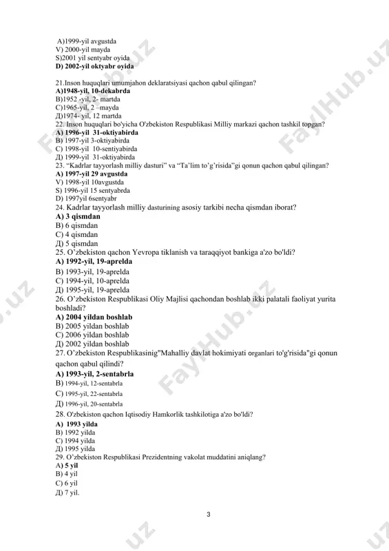 29 avgustda v) 1998-yil 10avgustda s) 1996-yil 15 sentyabrda d) 1997yil 6sentyabr 24. kadrlar tayyorlash milliy dasturining asosiy tarkibi necha qismdan iborat? а) 3 qismdan в) 6 qismdan с) 4 qismdan д) 5 qismdan 25. o’zbekiston qachon yevropa tiklanish va taraqqiyot bankiga a'zo bo'ldi? а) 1992-yil, 19-aprelda в) 1993-yil, 19-aprelda с) 1994-yil, 10-aprelda д) 1995-yil, 19-aprelda 26. o’zbekiston respublikasi oliy majlisi qachondan boshlab ikki palatali faoliyat yurita boshladi? а) 2004 yildan boshlab в) 2005 yildan boshlab с) 2006 yildan boshlab д) 2002 yildan boshlab 27. o’zbekiston respublikasinig"mahalliy davlat hokimiyati organlari to'g'risida"gi qonun qachon qabul qilindi? а) 1993-yil, 2-sentabrla в) 1994-yil, 12-sentabrla с) 1995-yil, 22-sentabrla д) 1996-yil, 20-sentabrla 28. o'zbekiston qachon iqtisodiy hamkorlik tashkilotiga a'zo bo'ldi? а) 1993 yilda в) 1992 yilda с) 1994 yilda д) 1995 yilda 29. o’zbekiston respublikasi prezidentning vakolat muddatini aniqlang? а) 5 yil в) 4 yil с) 6 yil д) 7 yil. 30. o‘zbekistonda sh.rashidov rahbarlik …