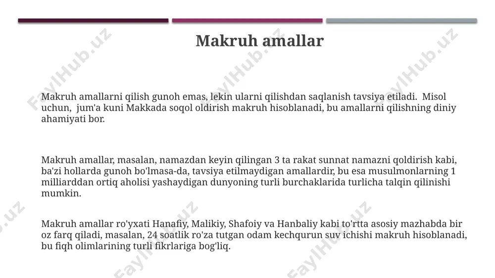 n namozi 4 rakat. harom amallar qur'onda 250 dan ortiq oyatda harom amallar ta'riflangan bo'lib, bu amallarga qimor, yolg'on guvohlik berish va boshqa ko'plab xatti-harakatlar kiradi. harom amallarga 5 ta asosiy turdagi ichkilik ichish, 2 dan ortiq xotin olish (ba'zi mazhablarda), mekka va madina kabi muqaddas joylarda ov qilish kiradi. harom amallarni qilish dunyoviy va oxirat azoblariga olib kelishi mumkin, 7 ta asosiy gunohlardan biri hisoblanadi va islom huquqida aniq jazolar belgilangan. e'tiboringiz uchun rahmat @taqdimot_robot