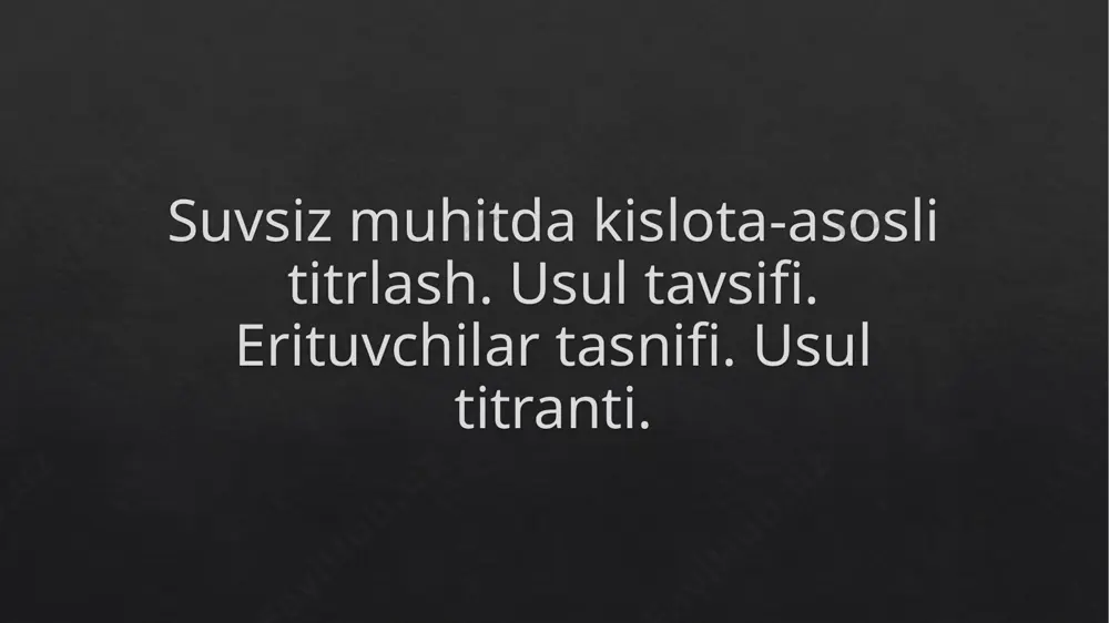 ga. bularga spirtlar (metanol, etanol va boshqalar), ketonlar (metiletilketon, aseton va boshqalar), sirka angidrid kiradi. kislotalar, asoslar va tuzlarning kuchiga ta'sir qilish xususiyatiga ko'ra, erituvchilar ham farqlovchi va tenglovchilarga bo'linadi. differentsial erituvchilar aniq kislota-asos xossalariga ega emas va elektrolitlar kuchidagi farqlarni oshiradi. ushbu erituvchilar guruhiga quyidagilar kiradi: metiletilketon, aseton, metanol, nitrometan va boshqalar. tenglovchi erituvchilarda elektrolitlar yaxshi va taxminan teng dissotsiatsiyalanadi, shuning uchun kuchli asosli xususiyatlarga ega erituvchi kislotalarning kuchini neytrallaydi va asoslarning kuchini farqlaydi. kuchli kislotali erituvchi, aksincha, kislotalarning kuchini farqlaydi va asoslarning kuchini neytrallaydi. erituvchini tanlash titrlash konstantalari (kt) yoki ularning ko'rsatkichlari (pkt) qiymatlariga asoslanishi mumkin. bu qiymatlar nafaqat imkoniyatni, balki titrlashning aniqligini ham bashorat qilish imkonini beradi. kt qiymati qanchalik kichik bo'lsa yoki pkt qiymati qanchalik katta bo'lsa, titrlash shartlarini optimallashtirish ehtimoli shunchalik yuqori bo'ladi. titrlash konstantasi erituvchining ion mahsuloti (ki) ning erigan moddaning dissotsilanish konstantasiga (ka - kislotalar uchun, kb - asoslar uchun) bo'lingan qismi sifatida …