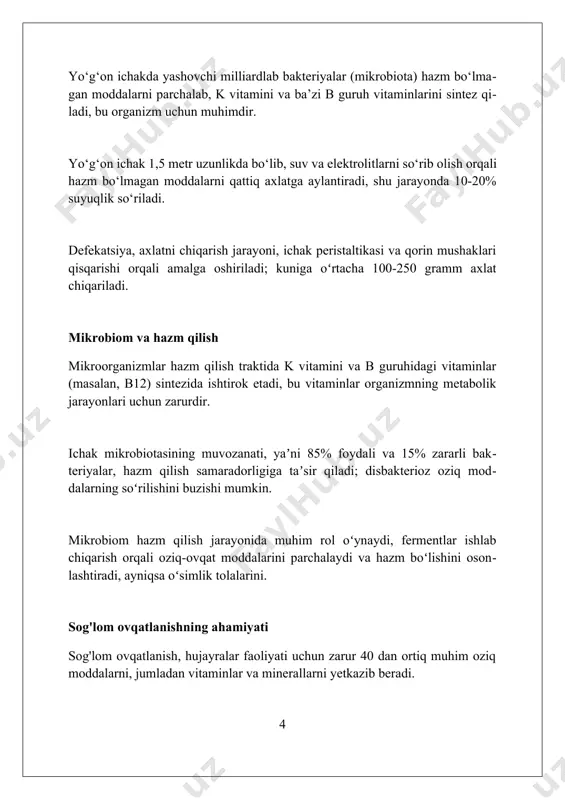 ida ximusga aylantiradi; hajmi 1-1.5 litrni tashkil etadi. qizilo'ngach orqali o'tish peristaltika, mushak qisqarishlari yordamida amalga oshiriladi; oziq-ovqat taxminan 4-8 sekund ichida oshqozonga yetib boradi. bu 25-30 sm uzunlikdagi naycha hisoblanadi. ingichka ichak: asosiy hazm qilish joyi ingichka ichakning shilliq qavatida millionlab mayda so'rg'ichlar (villuslar) mavjud bo'lib, ularning yuzasi 250 kvadrat metrdan oshadi va ozuqa moddalarni qonga so'rilishini 95% gacha oshiradi. ingichka ichakda ovqat hazm qilishning asosiy qismi sodir bo'ladi, bu erda oqsillar, uglevodlar va yog'lar fermentlar yordamida oddiy molekulalarga (aminokislotalar, glyukoza, yog' kislotalari) parchalanadi. o'n ikki barmoqli ichakda (ingichka ichakning birinchi 25-30 sm qismi) oshqozon osti bezi va o't pufagidan keladigan hazm qilish suyuqliklari ovqat hazm qilish jarayonini tezlashtiradi va ph darajasini 7 ga yaqinlashtiradi. me'da-ichak traktining gormonal regulyatsiyasi peptid yy (pyy) va inkretinlar, masalan glp-1, to'yinganlik signallarini yuboradi va insulin sekretsiyasini oshiradi, qon shakarini tartibga soladi va ovqatlanish xulq-atvoriga ta'sir qiladi. me'da-ichak trakti gormonlari, masalan, gastrin, xolesistokinin (cck) …