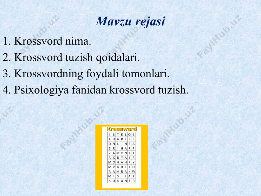 o’nikmasini hosil qiladi va shakllantiradi. 9. bo’sh vaqtni mazmunli o’tkazish imkonini beradi. yosharish bayrami oq oltin bu yer tagida oltin qoziq qolsiz oyoqsiz eshik ochar qora oltin non shahri g’azal mulkining sultoni zardo’shtiylik dini obi hayot bu bilim manbai yosharish bayrami oq oltin bu yer tagida oltin qoziq qolsiz oyoqsiz eshik ochar qora oltin non shahri g’azal mulkining sultoni zardo’shtiylik dini obi hayot bu bilim manbai 1. krasword tuzuvchi online web saytga misol https://biouroki.ru/workshop/crossgen.html bu biouroki.ru saytini ishlatish uchun matn kiritadigan oynasiga ketma-ket kalit so’zlarni kiritib boramiz va создать tugmachasi orqali turli xildagi kraswordlarni tuzib olishimiz mumkun 2.krasword tuzuvchi ikkinchi online web sayt https://crosswordlabs.com/ bu web saytda krasword tuzish uchun kerakli maydonga kalit so`zlarni kiritib probel tugmasini bosib kalit so`zga mos bo`lgan savolni kiritamiz. barcha kalit so’zlar va savollarni kiritib bo`lganimizdan so’ng oynadagi ushbu tugma orqali tayyor kraswordni hosil qilamiz. etiborlaringiz uchun raxmat! image1.jpeg image2.png image3.png image4.png image5.png image6.png image7.png