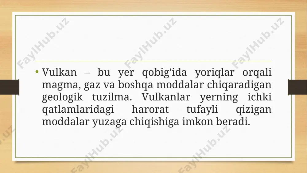 hakllanadi.. piroklastik materiallar: vulqonlar otilishida havoga uchadigan toshlar, vulkan kul (ash) va piroklastik oqimlar piroklastik materiallar deb ataladi. ular katta tosh bo’laklaridan mayda kul zarralarigacha o’zgarib turadi. gazlar: vulkanlardan turli gazlar ham chiqadi. asosan, suv bug’i, karbonat angidrid (co₂), oltingugurt dioksidi (so₂), azot gazlari va boshqa kimyoviy gazlar vulkan otilishi bilan havoga chiqariladi. tuff va ignimbrit: tuff – vulqon kulidan hosil bo’lgan jins. ignimbrit esa piroklastik oqimlardan hosil bo’lgan cho’kindi jinsdir. bu jinslar vulkanik faoliyatdan keyin yerdan topiladi va turli qurilish materiallari sifatida ishlatiladi. vulkanik shisha (obsidian): obsidian erigan lava juda tez sovuganda hosil bo’ladi. u tabiiy shisha sifatida qaraladi va o’tmishda kesish asboblari sifatida qo’llanilgan. pomza (pumice): bu engil, g’ovakli tosh vulkanik otilish natijasida hosil bo’ladi. u qurilish va kosmetikada, masalan, terini yumshatish vositasi sifatida ishlatiladi. geyzerlar va issiq buloqlar: vulkanik faoliyat davomida yer ostida suyuqliklar va gazlar qizishi natijasida geyzerlar va issiq buloqlar paydo bo’lishi mumkin. ular energetik …