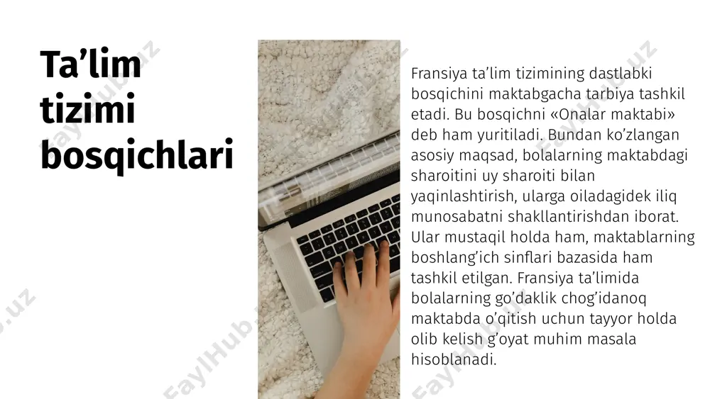 el fuqarolari quyidagi bilim maskanlarida oliy ma’lumot oladilar: universitetlar oliy texnologiya maktablari oliy muhandislik maktablari oliy arxitektura maktablari oliy tijorat maktablari siyosiy fanlar oliy maktabi oliy ta`lim oliy pedagogik va filologiya bilimgohlari oliy tibbiyot o’quv muassasalari oliy badiiy maktablar uzluksiz ta’lim (malaka oshirish oliygohlari va hokazolar). fransiyada oliy professional ta’lim berish keyingi 20 yil davomida qaror topdi. bu– qisqartirilgan maxsus ta’lim bo’lib, unda o’qish ikki yil davom etadi. o’quv universitetlar yoki texnik litseylarda amalga oshiriladi. fransiyada mingdan ortiq ana shunday institutlar faoliyat ko’rsatib, ular qishloq xo’jaligi ishlab chiqarishi, san’at, informatika, ma’muriy boshqaruv, buxgalterlik hisobi, amaliy san’at bo’yicha mutaxassislar tayyorlaydilar.bunday institutlarga kirish imtihonsiz amalga oshiriladi. uning bitiruvchilari ishlab chiqarish sohasida, xizmat ko’rsatish sohasida va boshqa sohalarda rahbarlik lavozimlarida ishlaydilar. fransiyada oliy ma’lumot va ixtisos beruvchi oliy texnologik institutlar mavjud. ular odatda sanoat, maishiy xizmat ko’rsatish, informatika mutaxassisliklariga ixtisoslash-tirilgan. o’qish muddati 2 yil bo’lib, darslar haftasiga 30-35 soatni tashkil etadi. o’qish davomida …