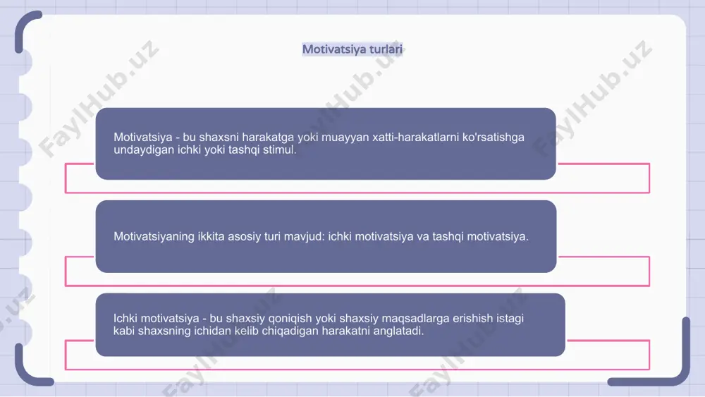 ga bo‘lgan motivatsiyasi va ishtiyoqini sezilarli darajada oshirishi mumkin. motivatsiya va samaradorlik motivatsiya shaxsning ish faoliyatini oshirishda hal qiluvchi rol o'ynaydi. bu odamlarni o'z maqsadlariga erishishga va qiyinchiliklarni engishga undaydigan harakatlantiruvchi kuchdir. motivatsiyaga ega bo'lgan odamlar ko'proq bor kuchini sarflaydilar, diqqatini jamlaydilar va qiyin vazifalarni hal qilishda sabr qiladilar. motivatsiyaga shaxsiy maqsadlar, mukofotlar va e'tiroflar va qo'llab-quvvatlovchi ish muhiti kabi turli omillar ta'sir qilishi mumkin. sizni ilhomlantiradigan motivatsion iqtiboslar o'zingizga va bor narsangizga ishoning. bilingki, sizning ichingizda har qanday to'siqdan kattaroq narsa bor. muvaffaqiyat yakuniy emas, muvaffaqiyatsizlik halokatli emas: davom etish uchun jasorat muhim ahamiyatga ega. bizning ertangi kunimizni anglashimizning yagona chegarasi bugungi kundagi shubhalarimiz bo'ladi. kuchli va faol iymon bilan oldinga intilaylik. qiyin paytlarda motivatsiyani saqlab qolish qiyin paytlarda motivatsiyani saqlab qolish qiyin bo'lishi mumkin. biroq, motivatsiyani saqlab qolish va maqsadlarimizga e'tibor qaratish yo'llarini topish muhimdir. motivatsiyani saqlab qolishning bir usuli - erishish mumkin bo'lgan qisqa muddatli maqsadlarni qo'yishdir. …