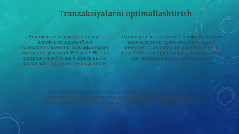 operatsiya bekor qilinadi va hech qanday ma'lumot o'zgarmaydi. xatoliklarni boshqarish 2023-yil ma'lumotlariga ko'ra, xatoliklarning 70% inson omili bilan bog'liq bo'lib, ularning 30%i tizim xatolariga to'g'ri keladi. "rollback" mexanizmi orqali 1000 dan ortiq tranzaksiyani 5 daqiqadan kamroq vaqt ichida qaytarib olish mumkin, bu esa ma'lumotlar butunligini ta'minlaydi. трансакцияlarni qayta tiklash jarayoni 5 dan ortiq urinishdan so'ng muvaffaqiyatsiz tugasa, toshkentdagi ma'lumotlar markaziga xabar berish kerak. tranzaksiyalar ta'rifi elektron tranzaksiyalar, xususan, onlayn savdo-sotiq orqali amalga oshiriladigan 100 dan ortiq operatsiyalarni o'z ichiga oladi va ularni qayd etish uchun maxsus dasturiy ta'minot va xavfsizlik tizimlari qo'llaniladi. tranzaksiya, masalan, toshkentdagi 2000 aqsh dollari miqdoridagi tovarlarni sotib olish bo'yicha bitimini o'z ichiga olgan holda, ikki tomonlama kelishuv orqali amalga oshiriladigan har qanday iqtisodiy operatsiyani ifodalaydi. jahon bo'ylab, 2023-yil ma'lumotlariga ko'ra, kuniga 1 milliarddan ortiq moliyaviy tranzaksiyalar amalga oshiriladi va ularning aksariyati xalqaro to'lov tizimlari orqali o'tkaziladi. muvofiqlik мувофиқликни таъминлашда 2023 йилда ўзбекистоннинг 5 та йирик банки …