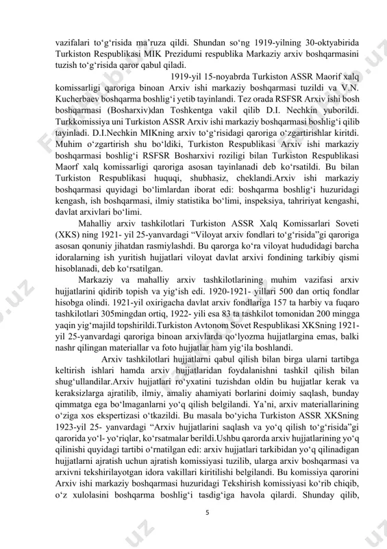 arxivshunoslik siyosati tashkil etilishi bilanoq, turkiston o‘lkasida sho‘rolar arxivshunosligi ta’siri sezila boshladi. 1917-yilning birinchi kunlaridayoq o‘lkada yirik arxiv saqlanmasi yo‘q edi. shu bilan birgalikda arxiv ishini yaxshilashga qaratilgan arxiv ishlari tizimli tashkil etilmagandi. arxiv ishlarini tashkil qilish va rivojlantirish bo‘yicha o‘lka hukumatiga topshiriq 1918 yilning iyunida kelib tushdi. bu ishni turkiston respublikasi byudjet moliya komissiyasi raisi (mik xuziridagi) v. n. kucherbaev boshqardi va 1919 yilning oktyabirida turkiston assr sovetining 13 – s’ezdida arxiv ishlarini tashkil qilish, boshqaruvi, topshiriq va vazifalari to‘g‘risida ma’ruza qildi. shundan so‘ng 1919-yilning 30-oktyabirida turkiston respublikasi mik prezidumi respublika markaziy arxiv boshqarmasini tuzish to‘g‘risida qaror qabul qiladi. 1919-yil 15-noyabrda turkiston assr maorif xalq komissarligi qaroriga binoan arxiv ishi markaziy boshqarmasi tuzildi va v.n. kucherbaev boshqarma boshlig‘i yetib tayinlandi. tez orada rsfsr arxiv ishi bosh boshqarmasi (bosharxiv)dan toshkentga vakil qilib d.i. nechkin yuborildi. turkkomissiya uni turkiston assr arxiv ishi markaziy boshqarmasi boshlig‘i qilib tayinladi. d.i.nechkin mikning arxiv to‘g‘risidagi …