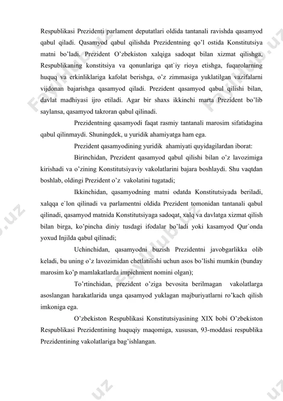 a ega. o’zbekiston respublikasi konstitutsiyasining xix bobi o’zbekiston respublikasi prezidentining huquqiy maqomiga, xususan, 93-moddasi respublika prezidentining vakolatlariga bag’ishlangan. o’zbekiston respublikasi prezidentining konstitutsiyasida ko’rsatilgan vakolatlarini maqsadi, mazmuniga ko’ra, shartli ravishda bir necha guruhga bo’lish mumkin: 1. qonunchilik va qonuniylik sohasidagi vakolatlar; 2. davlat organlarini tuzish sohasidagi vakolatlar; 3. fuqarolarning huquq, erkinliklari, burchlari va qonuniy manfaatlari sohasidagi vakolatlar; 4. xalqaro munosabatlar sohasidagi vakolatlar; o’zbekiston prezidentining qonunchilik va qonuniylik sohasidagi vakolatlarining asoslari o’zbekiston konstitutsiyasida ko’rsatilgan. respublika prezidenti, birinchi navbatda davlat boshlig’i sifatida davlat va jamiyat rivojlanishining asosiy strategik yo’nalishlarini ishlab chiqadi va ularni oliy majlis yigilishlarida e`lon qiladi. prezidentning bunday dasturlarida respublika oldida turgan vazifalar ularni hal etish yo’llari, qonunchilik sohasidagi asosiy yo’nalishlar ko’rsatib beriladi. respublika prezidenti davlat rahbari sifatida qonunchilik jarayonining bevosita ishtirokchisidir. konstitutsiyaning 82-moddasiga binoan, o’zbekiston respublikasining prezidenti qonunchilik tashabbusi huquqiga ega. u oliy majlisga qonun loyihalarini yoki biror masala bo’yicha qonun ishlab chiqishni taklif etishi mumkin. bu bilan respublika prezidenti …