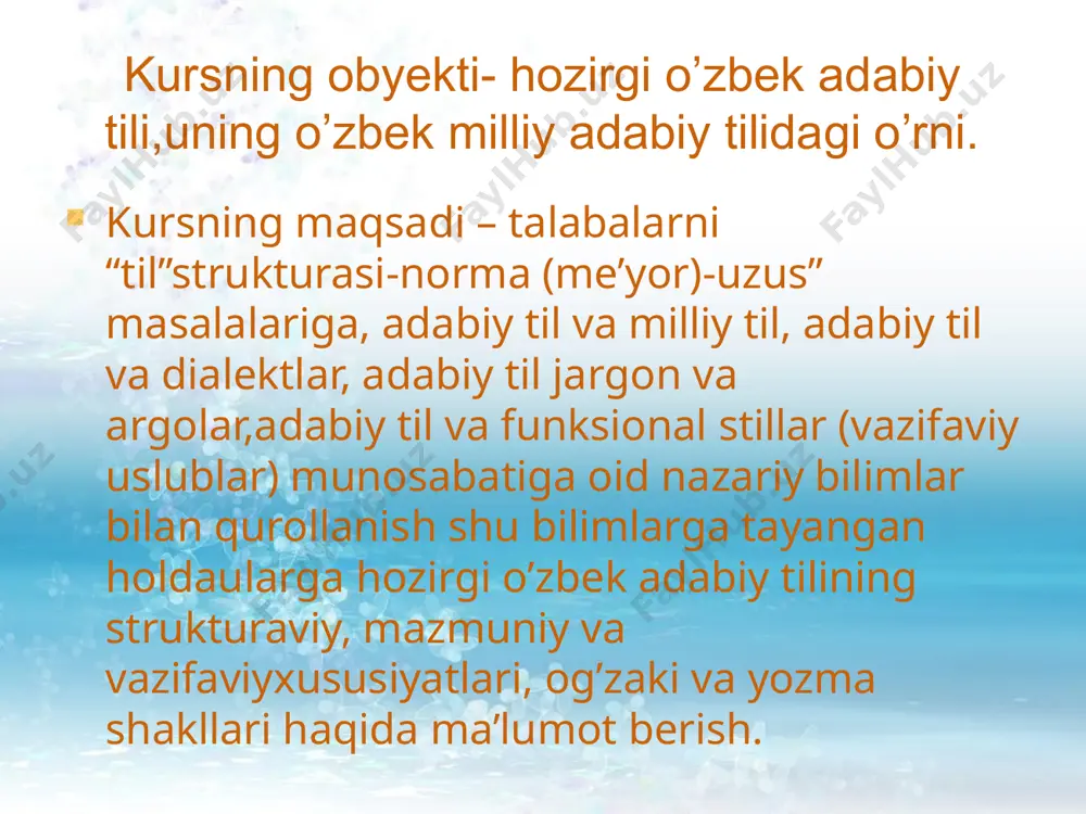 ksional uslub o’rtasidagi munosabatlar quyidagicha: rasmiy ish uslubi, ilmiy uslub, publisistik uslub adabiy til me’yorlariga tayanadi, demak, adabiy tilga zid qo’yilmaydi; so’zlashuv uslubining ‘a’ ko’rinishi ham shunday: unda dialektizm, jargonizm va vulgarizmlar ishlatilmaydi; so’zlashuv uslubning “b’ ko’rinishi esa nutqning maxsus tayyorgarliksiz bo’lishi, erkin muomilaga asoslanishi bilan harakterlanadi. hozirgi o’zbek adabiy tilining og’zaki va yozma shakllari. shu ikki shakl vositasida u halqqa hizmat qiladi. 1. adabiy tilning og’zaki shakli to’g’ri talaffuz me’yorlariga, eshitish orqali idrok qilishga tayanadi. bu shaklning moddiy-material asosini fizik-akustik birliklar tashkil etadi; uning tarixiy ildizlari xalq og’zaki ijodi namunalarida- dostonlar, qo’shiqlar, maqollar, hikmatli so’zlar,topishmoqlar, ertaklar negizida rivojlanib, og’izdan og’izga o’tib kelgan , shu jarayonda tilning hozirgi milliy adabiy tiliga xos bo’lgan talaffuz me’yorlari shakllangan. hozirgi o’zbek adabiy tilning yozma shakli, avvalo, yozuv sistemaga hamda shu sistema birliklarini ko’rish va o’qishga asoslanadi. yozuv sistemasi ma’lumki grafika, orfografiya, va punktuatsiya kabi komponentlardan tarkib topadi,demak, uning moddiy- material asosini optik-grafik vositalar …