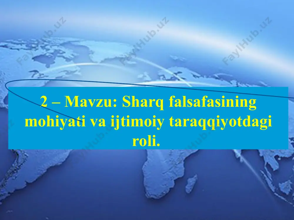 sida esa, bu platon, suqrot, eley maktabi). sharq va g'arb falsa- fasi rivojlanishining umumiy qonuniyati uning metodologik ahamiyat kasb etuvchi haqiqiy ilmiy bilimga erishish yo'lida ilmiy izla- nishlar olib borishidir. * qadimgi sharq falsafasi xususiyati belgisi sharq falsafasining o'ziga xos xususiyatlaridan biri dunyoviy, mantiqqa asoslangan bilimlarning diniy mifologik qarashlar bilan aralashgan holda namoyon bo'lishidadir. qadimgi sharq falsafasining o'ziga xos belgilaridan yana biri unda yakka shaxslarning individual fikrlariga nisbatan umumjamoa manfaatlarini aks ettiruvchi umumjamoa ruhining uctyvorlik qilishidir. iste'dodli shaxslar ana shu ruhning ajoyib ifodalovchilari bo'lib, tarix sahnasiga ko'tarilganlar. * qadumgi hindiston falsafasu qadimgi hindiston falsafasi qadimgi hind falsafasini o`rganishda: «ramayana», «maxobxarata», «kalila va dimna» kabi mashhur asarlar ilk manbalar bo`lib xizmat qiladi. * qadimgi hindiston falsafasi. qadimgi hindiston falsafasini davrlashtirish veda davri (mil. avv. xv - vi asrlar). vedalar (“bilimlar") – diniy-falsafiy yozmalar (traktatlar), hindistonga miloddan avvalgi xv asrdan so'ng o'rta osiyo, volga atrofi, erondan kelgan ariy qabilalari tomonidan yaratilgan. qadimgi …