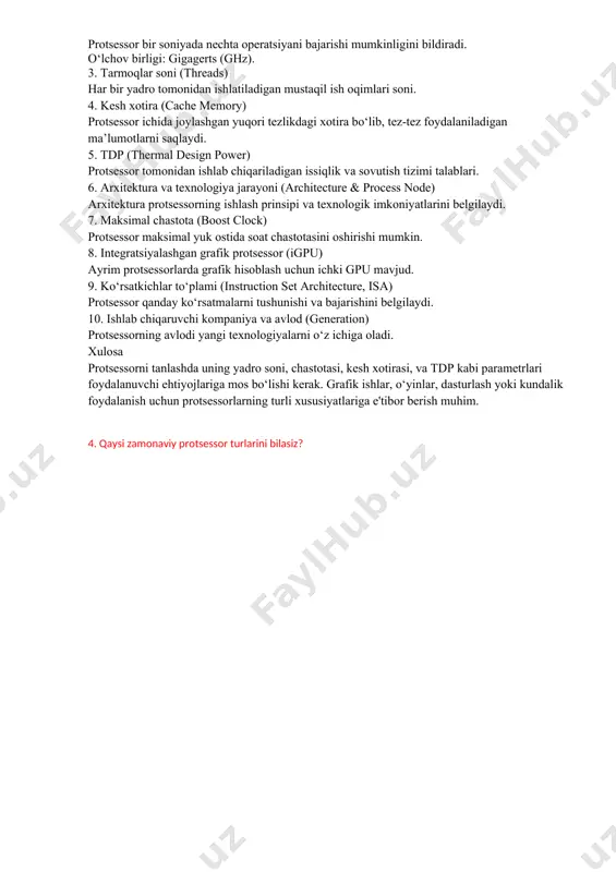 ry) protsessor ichki xotirasi bo‘lib, tezkorlikni oshiradi. l1, l2, va l3 kesh xotiralari mavjud, ular ma’lumotlarni tezkor ravishda saqlash va qayta ishlashga yordam beradi. 4. ishlab chiqarish texnologiyasi (nanometr jarayoni) o‘lchami nanometr (nm) bilan ifodalanadi va tranzistorlarning kattaligini bildiradi. kichik nanometr (masalan, 7 nm yoki 5 nm) protsessorning energiya samaradorligini va unumdorligini oshiradi 5. ko‘rsatkich to‘plami (instruction set architecture, isa) 6. ishlash tarmoqlari (threads) har bir yadro bir nechta vazifalarni bajarishi mumkin. ko‘p tarmoqli (multi-threading) texnologiyalar (masalan, intel hyper-threading yoki amd smt) unumdorlikni oshiradi. 7. issiqlik tarqatish quvvati (tdp – thermal design power) protsessor qancha issiqlik ishlab chiqarishini va uni sovutish uchun qancha energiya talab qilinishini ko‘rsatadi. tdp vat (w) bilan o‘lchanadi. 8. yadro tezligi ko‘tarilishi (boost clock) protsessor maksimal yukda ishlaganda avtomatik ravishda soat chastotasini oshirishi. 9. integratsiyalashgan grafik protsessor (igpu) ba'zi protsessorlar grafik vazifalarni bajarish uchun ichki grafik modullar (masalan, intel uhd graphics yoki amd radeon vega) bilan …