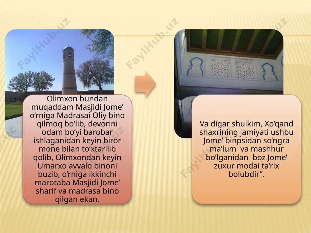 hadan ishlangan bo’larmish. bino shifti rangli, naqshlangan. machit ustunlarining soni 204 ta qayrag’och va terak xodalardan ishlangan bo’lib, har birining yo’g’onligi 4 arshinga teng ekan. image10.png image13.png image14.png image15.jpeg image17.jpeg image4.jpeg