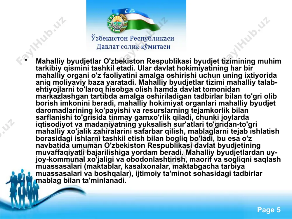 ng adolatlilik tamoyili har bir soliq to`lovchining davlat xarajatlarini qoplashda o`zining daromadi, mulki, to`lash qobiliyatiga qarab ishtirok etishini taqozo etadi. free powerpoint templates page ‹#› free powerpoint templates page ‹#› free powerpoint templates page ‹#› foydalanilgan adabiyotlar ro'yxati. 1. s. rahmonov "soliq imtiyozi - rivojlanish kafolati" xalq so'zi 2009 - yil 28 -yanvar 2. qudratov botir "soliq va axborot texnologiyalari" xabar 2010 - yil 16 - aprel 3. a. boliyev "soliq sohasidagi dolzarb vazifalar" xalq so'zi 2010 - yil 17 - fevral 4. a. altiyev "soliq qommchiligi yanada takomillashtirildi" xalq so'zi 2010 - yil 15 - yanvar 5. d. ulug'murodov "soliq imtiyozi - manfaatdorlik garovi" hayot maktabi 2009 -yil 5 - mart 6. i. karimov soliq to'lovchining jurnali 2010 -yil iyul 7-son 7. f. bozorov "soliq tizimi orqali tadbirkorlik tuzilmalarining innovatsion -investitsion faolligini rag'batlantirish" b.p.k. jurnali 2010 - yil 9 - son 8. sherzod jalilov "yoqilg'i - energetika korxonalarini soliqqa …