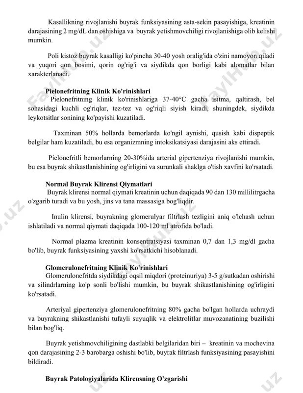gi ko'pincha 30-40 yosh oralig'ida o'zini namoyon qiladi va yuqori qon bosimi, qorin og'rig'i va siydikda qon borligi kabi alomatlar bilan xarakterlanadi. pielonefritning klinik ko'rinishlari pielonefritning klinik ko'rinishlariga 37-40°c gacha isitma, qaltirash, bel sohasidagi kuchli og'riqlar, tez-tez va og'riqli siyish kiradi, shuningdek, siydikda leykotsitlar sonining ko'payishi kuzatiladi. taxminan 50% hollarda bemorlarda ko'ngil aynishi, qusish kabi dispeptik belgilar ham kuzatiladi, bu esa organizmning intoksikatsiyasi darajasini aks ettiradi. pielonefritli bemorlarning 20-30%ida arterial gipertenziya rivojlanishi mumkin, bu esa buyrak shikastlanishining og'irligini va surunkali shaklga o'tish xavfini ko'rsatadi. normal buyrak klirensi qiymatlari buyrak klirensi normal qiymati kreatinin uchun daqiqada 90 dan 130 millilitrgacha o'zgarib turadi va bu yosh, jins va tana massasiga bog'liqdir. inulin klirensi, buyrakning glomerulyar filtrlash tezligini aniq o'lchash uchun ishlatiladi va normal qiymati daqiqada 100-120 ml atrofida bo'ladi. normal plazma kreatinin konsentratsiyasi taxminan 0,7 dan 1,3 mg/dl gacha bo'lib, buyrak funksiyasining yaxshi ko'rsatkichi hisoblanadi. glomerulonefritning klinik ko'rinishlari glomerulonefritda siydikdagi oqsil miqdori …