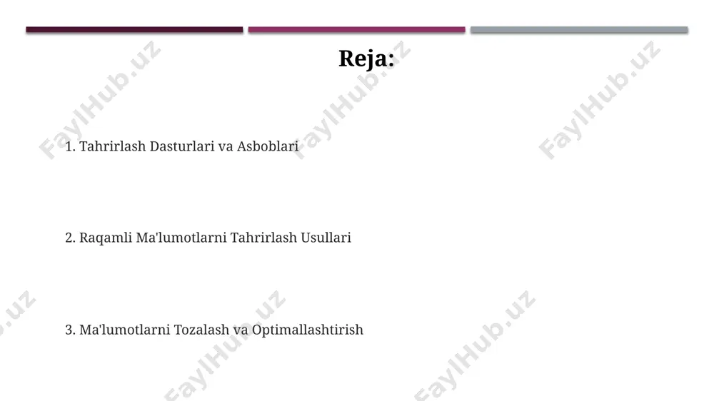 irlash audiodagi shovqinlarni kamaytirish uchun 16-bitli audio fayllarni 24-bitli formatga konvertatsiya qilish va keyin shovqinni kamaytiruvchi plaginlardan foydalanish samarali bo'ladi. ovoz balandligini avtomatik ravishda normallashtirish funksiyasi yordamida 0 dbfs chegarasiga yaqin, lekin klippingsiz audio olish mumkin. professional audio tahrirlash dasturlari, masalan, audacity yoki adobe audition, audio fayllarni 44.1 khz yoki 48 khz chastota bilan eksport qilish imkoniyatini beradi. ma'lumotlar bazasini tahrirlash ma'lumotlar bazasini tahrirlashda sql (structured query language) dan foydalanib, 1000 dan ortiq qatorni bir vaqtning o'zida yangilash, o'chirish yoki qo'shish mumkin, bu esa vaqtni sezilarli darajada tejaydi. ma'lumotlar bazasining to'g'riligini ta'minlash uchun, tahrirlash jarayonida avtomatik tekshiruvlarni (masalan, ma'lumotlar tiplari va cheklashlari) qo'llash orqali 95% gacha xatolarni oldini olish mumkin. ma'lumotlar bazasi tahrirlash vositalaridan foydalanib, 5 ta ustunni bir vaqtning o'zida yangilash va shuningdek, qo'shimcha ma'lumotlarni dinamik ravishda qo'shish orqali ma'lumotlarni samarali boshqarish mumkin. xatoliklarni tuzatish va tekshirish raid (redundant array of independent disks) texnologiyasi ma'lumotlarni bir nechta disklarga tarqatib, …