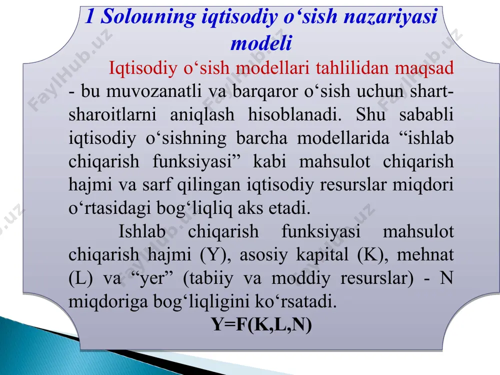 jasining nisbatan doimiy bo‘lishi mahsulot ishlab chiqarish hajmi faqat yagona omil - kapital miqdoriga bog‘liq bo‘lishini ko‘rsatadi. unga ko‘ra investitsiyalarning o‘sish sur’ati iqtisodiyotda talab va taklif ko‘payishining asosiy omili bo‘lib xizmat qiladi. r.f. xarrod “tabiiy”o‘sish sur’ati tushunchasini kiritadi. bu faol aholi soni ko‘payishi va texnika taraqqiyoti natijasida kelib chiqadigan o‘sish sur’ati bo‘lib, u mehnat va kapital omillarining to‘liq bandligini ta’minlaydi. ularning qarashlari bir-biriga juda yaqin bo‘lganligi(bir omilli) sababli bu mod yel xarrod-domer modeli deyiladi. mazkur modelni ishlab chiqishda abstraksiya usulidan foydalaniladi: milliy daromadning o‘sishi faqat kapital jamg‘arishning oqibati deb hisoblanadi, boshqa omillarning o‘rni e’tiborga olinmaydi; mahsulotning kapital sig‘imiresurslarning narxiga bog‘liq emas, u faqat ishlab chiqarishning texnik sharoiti bilan belgilanadi, deb qaraladi. 2. r.solouning neoklassik modeli yalpi talab - yalpi taklifi modeli yordamida makroikisodiy jarayonlarni tahlil qilar ekanmiz qisqa davrda real yaimni oshirish imkoniyatlari yalpi taklifning vertikal kesmasi bilan chegaralanganligi muammosiga duch keldik. to‘liq bandlilik darajasiga erishilgandan so‘ng real yaim hajmini …