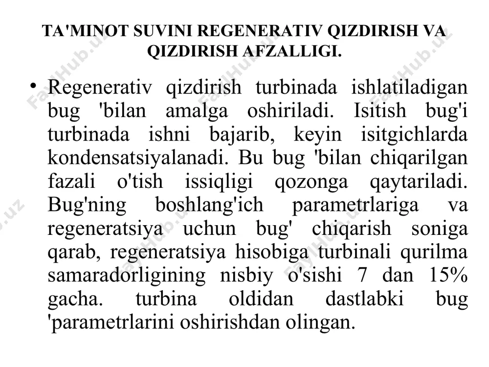 t suvini regenerativ qizdirish va qizdirish afzalligi. energiya blokini loyihalashda regenerativ suv isitishning quyidagi parametrlari va xususiyatlari aniqlanishi va tanlanishi kerak: kondensat suvini isitishning oxirgi harorati (tпв); bug' chiqarish va suvni isitish bosqichlari soni (z); ketma-ket (bosqich) ulangan alohida isitgichlar o'rtasida isitishning taqsimlanishi. oziqlantiruvchi suvning yakuniy harorati, qoida tariqasida, minimal hisoblangan xarajatlar bo'yicha umuman energiya blokining texnik va iqtisodiy hisob-kitoblari asosida tanlanadi. besleme suvi haroratining oshishi bilan turbinali qurilmaning va umuman quvvat blokining issiqlik samaradorligi oshadi, yoqilg'i sarfi kamayadi, lekin tutun gazining harorati oshishi tufayli qozon samaradorligi pasayadi. bug 'iste'molining oshishi tufayli bug' qozoni, quvur liniyasi va taminot qurilmasining narxi oshadi. kondensat suvini regenerativ qizdirish va qizdirish afzalligi. turbinaning dizayni tanlovlar tufayli murakkablashadi, yubs ning radial o'lchamlari ortadi, lekin ubs o'lchamlari kamayadi. kondensator va suv ta'minoti tizimi, yoqilg'i va kulni boshqarish va ieslarni o'rnatish loyihasi arzonroq. taminot nasoslari uchun energiya xarajatlari ortib bormoqda va boshqa yordamchi dvigatellar uchun ular kamaymoqda. …