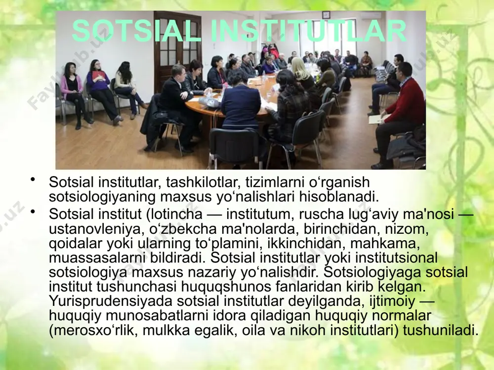 etish) sotsial institutlari. bu institutlar shaxsiy maqsadlarning jamiyatda amal qilib turgan normalariga dahlsiz holda amalga oshish chegaralarini va bu chegaradan chiqib ketilganda qo‘llaniladigan sanksiyalar belgilab beradi madaniy sotsial institutlar. din, san'at, adabiyot bilan bog‘liq; amal qilish doirasi va vazifalariga qarab sotsial institutlarning quyidagi ko‘rinishlarini ajratib ko‘rsatish mumkin: institutsional sotsiologiyada sotsial institutlarning bajaradigan asosiy vazifalari quyidagilardan iborat: a) jamiyat a'zolarini takror ishlab chiqarish qaytadan tiklash; ishlab chiqarish va taqsimot; sotsializatsiya (individga ijtimoiy ahamiyatli bo‘lgan qadriyat va normalarni etkazishning turli xil shakllar); g) tartibga rioya qilish va axloqni saqlab turish. jamiyat taraqqiyotining har bir bosqichi unga mos bo‘lgan muayyan sotsial institutlar amal qilinishi taqozo etadi. hozirgi zamon sivilizatsiyasi tomon qadam tashlayotgan mustaqil mamlakatimizda yangi maqomga monand bo‘lgan sotsial institutlar shakllaniishi jarayoni ro‘y bermoqda.bular iqtisodiy sohada-bozor iqtisodiyoti amal qilishiga xizmat qiladigan sotsial institutlar siyosiy sohada demokratik hokimiyat turli bo‘g‘inlari faoliyatini ta'minlovchi sotsial institutlar, jamiyat barcha javhalariga yangi jamiyat tarziga hozirlovchi turli xil sotsial …