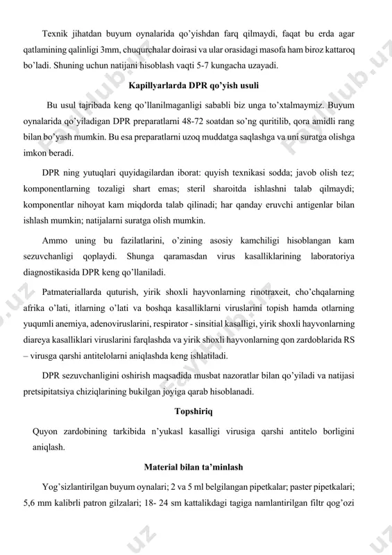 terial bilan ta’minlash yog’sizlantirilgan buyum oynalari; 2 va 5 ml belgilangan pipetkalar; paster pipetkalari; 5,6 mm kalibrli patron gilzalari; 18- 24 sm kattalikdagi tagiga namlantirilgan filtr qog’ozi to’shalgan va qapqoqli kyuveta; namlantirilgan filtr qog’oz to’shalgan petri likopchasi; pero o’rnatilgan ruchka; fiziologik eritmada tayyorlangan 1,2% agar; n’yukasl virusi bilan immunlangan quyonning qon zardobi; n’yukasl virusi bilan zararlantirilgan tovuq homilasining allantois suyuqligi; quyonning normal qon zardobi; tovuq homilasining normal allantois suyuqligi. asosiy adabiyotlar 1. вербицкий а.а., алешкевич в.н и др. микробиология и иммунология. учебное пособие минск-2019. 2. salimov x. va boshqalar. epizootologiya. darslik. toshkent, 2016 yil. xorijiy adabiyotlar 1. fenner’s. veterinary virology (united states of america 2016 year). 2. m.jackson veterinary clinical pathology. america 2010 year. qo’shimcha adabiyotlar 1. mirziyoyev sh.m. erkin va farovon demokratik o’zbekiston davlatini birgalikda barpo etamiz. toshkent, “o’zbekiston” nmiu, 2017. – 29 b. 2. mirziyoyev sh.m. qonun ustuvorligi va inson manfaatlarini ta’minlash yurt taraqqiyoti va xalq farovonligining garovi.“o’zbekiston” …