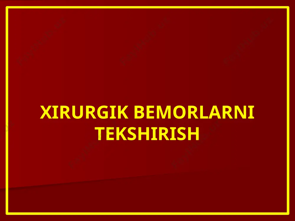 cha tekshiruv o’tkazish shart operatsiya konservativ davolash xirurgik tekshiruv va davolash qoidalari tashxis qo’ymasdan, hech bo’lmaganda dastlabki tashxisni qo’ymasdan xirurgik davolash o’tkazilmaydi. rejali xirurgiyada, ayniqsa shoshilinch xirurgiyada anamnez va fizikal tekshiruvlar tashxis qo’yishda asosiy hisoblanadi. kritik holatlar simptomokompleksi (koma, shok, o’tkir nafas yetishmovchiligi, qon ketishi, o’tkir qorin) hattoki sababi noma’lum bo’lganda ham, o’z-o’zidan shoshilinch chora-tadbir ko’rishni talab qiladigan tashxis ekanligini ko’rsatadi. operabellikni baholamasdan turib rejali operatsiyalar o’tkazilmaydi, hayotiy ko’rsatmalar aralashuvlarga qarshi ko’rsatma bo’lmaydi – barcha bemorlar bunday holatda operabel hisoblanadi! mahalliy statusni baholash mahalliy status e’tiborga olingan diffentsial ikkilamchi a’zolarda tashxislashning fizikal tekshiruv o’tkazish ayrim usullari aniqlashtiruvchi aniqlashtiruvchi tekshiruvlar tekshiruvlar tashxis konservativ davolash operatsiyaga ko’rsatma: shoshilinch zudlik bilan rejali xirurgik patologiya strukturasi xirurgik infektsiya: 25% - qoplovchi to’qimalar kasalliklari; - ichki a’zolar va bo’shliqlar kasalliklari; - tasodifiy jarohatlar infektsiyasi; - operatsion jarohatlar infektsiyasi. orttirilgan degenerativ kasalliklar: 20% - morfologik; - disfunktsional; - metabolik. travmalar 15% o’smalar 15% qon bilan ta’minlanishning …