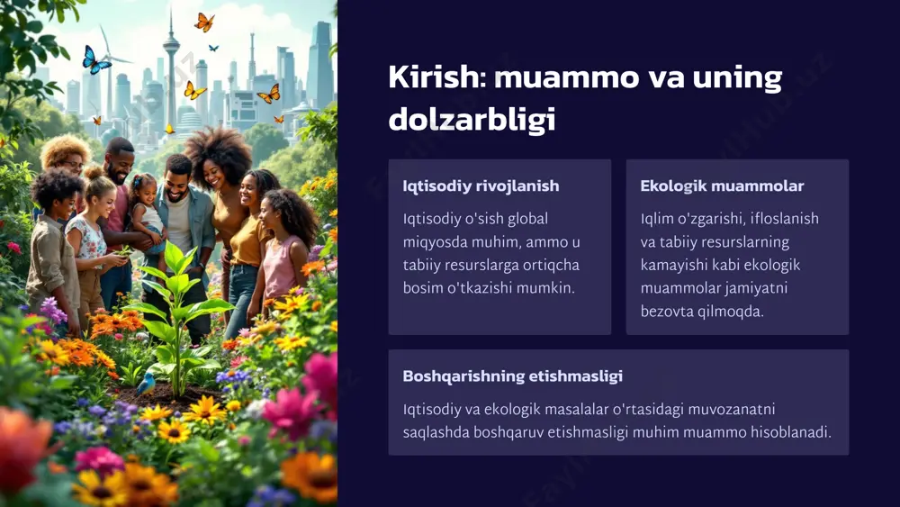 odel. 9 yashil texnologiyalar: samaradorlik va ekologik himoya yashil texnologiyalar energiya samaradorligini oshirish, tabiiy resurslardan oqilona foydalanish va atrof-muhitga ta'sirni kamaytirishga qaratilgan. quyosh energiyasi, shamol energiyasi, energiya tejaydigan jihozlar va qayta ishlash kabi texnologiyalar ekologik toza va iqtisodiy jihatdan foydali. ushbu texnologiyalar iqlim o'zgarishiga qarshi kurashda muhim rol o'ynaydi va barqaror rivojlanishga hissa qo'shadi. 10 iqtisodiy va ekologik tarbiya: jamiyat rivojiga hissa barqaror rivojlanish iqtisodiy va ekologik tarbiya barqaror rivojlanishga asoslangan, ya'ni jamiyatning bugungi ehtiyojlarini qondirish bilan birga kelajak avlodlarning ehtiyojlarini ham hisobga olishni anglatadi. ijtimoiy javobgarlik o'zaro bog'liqlik va mas'uliyatlilik tuyg'usini rivojlantiradi. aholining iqtisodiy va ekologik ong-shuuri oshishi jamiyatning ijtimoiy javobgarligini oshiradi. 11 oila va maktabda iqtisodiy va ekologik tarbiya oila va maktab birgalikda iqtisodiy va ekologik tarbiyaning muhim manbai hisoblanadi. 1 oila bolalarning dastlabki iqtisodiy va ekologik qadriyatlarini shakllantirishda muhim rol o'ynaydi. 2 maktab iqtisodiy va ekologik bilimlarni tizimli ravishda o'rgatish va amaliy ko'nikmalarni shakllantirishga yordam beradi. 3 …