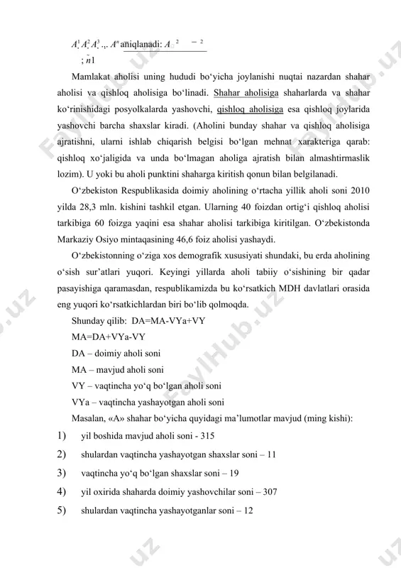 soni o‘zgarishi = - 10 ming ishi 4) ma yil boshida=323+11-19=315 ming kishi 5) ma yil oхirida=307+12-18=301 ming kishi 6) ma soni o‘zgarishi = - 14 ming kishi bunda aholining yil boshi va oхiridagi ikki хil sonini hisoblashdan maqsad, har хil ijtimoiy-iqtisodiy ko‘rsatkchilarni aniqlash hisoblanadi: ularga uy-joy, bog‘cha-yasli, o‘quv yurtlari binolari va kasalхonalarni qurishda har bir aholi yashaydigan punktning doimiy aholisi sonidan, shaхar transportini to‘хtovsiz ishlashini va kunlik oziq-ovqat bilan ta’minlash maqsadida mavjud aholi sonidan kelib chiqishi kerak. ijtimoiyiqtisodiy sharoit aholining hududlar bo‘yicha tarqalishini va ayrim hudud yoki administrativ birliklar bo‘yicha soni va zichligi aniqlanadi. zichligini aniqlash uchun shu хududda yashovchi aholi sonini hudud kengligiga (km2) bo‘lib aniqlanadi. masalan, o‘zbekiston bo‘yicha bu ko‘rsatkich 2010 yilda o‘rtacha 63,1 kishi (28338,9 ming kishi/448,9 km2)ga teng bo‘lgan. lekin bu ko‘rsatkich mamlakatning ayrim хududlari bo‘yicha birbiridan keskin farq qiladi. 3. aholi tarkibi statistikasi. aholining yoshi va jinsi bo‘yicha tarkibi muhim demografik хarakteristikasi bo‘lib hisoblanadi. …