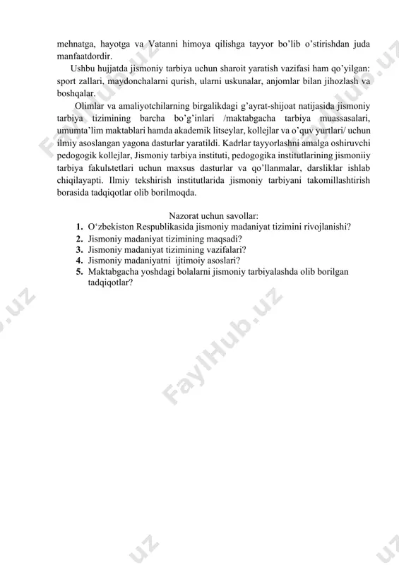 b.ch.vavilova, a.a.udyalova va boshqalarni (1960y.), pediatriya iti hodimi z.s.uvarova, bolalar va o’smirlar gigienasi iti hodimi g.p.yurko va boshqalar, jismoniy tarbiya institutlari, maktabgacha pedogogik kafedralarning o’qituvchilari o’z xissalarini qo’shganlar. sobiq sovet davrida jismoniy madaniyatning rivojlanishiga o’zbekiston jismoniy tarbiya sport ko’mitasi xodimlari va ustozlari r.i.ismailov rahbarligida, o’zbekiston davlat jismoniy tarbiya institutining yetakchi professor-o’qituvchilari o.a.rixsieva, a.i.yarotskiy, x.t.rafieva, o.m.jigallo va boshqa ko’pchilik olimlar o’z xissalarini qo’shganlar. ayniqsa o’zbekiston respublikasi mustaqil davlat bo’lgandan keyin jismoniy tarbiya masalalariga, qadriyatlarni tiklashga va uni rivojlanishiga katta e’tibor beriladi. o’zbekiston respublikasining ta’lim to’g’risidagi qonunida (29 avgust 1997y) bolalar jismoniy tarbiyasini yanada yaxshilash zarurligi yana bir bor ta’kidlandi. jamiyat yosh avlodni jismoniy jihatdan sog’lom, baquvvat, xushchaqchaq bo’lib, mehnatga, hayotga va vatanni himoya qilishga tayyor bo’lib o’stirishdan juda manfaatdordir. ushbu hujjatda jismoniy tarbiya uchun sharoit yaratish vazifasi ham qo’yilgan: sport zallari, maydonchalarni qurish, ularni uskunalar, anjomlar bilan jihozlash va boshqalar. olimlar va amaliyotchilarning birgalikdagi g’ayrat-shijoat natijasida jismoniy tarbiya tizimining barcha bo’g’inlari …
