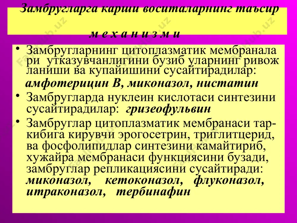 кандидамикози, тирнок ва паранихи, тавон эпидермофитиясида хам самарадор восита(суртилади).совунли эрит- малар таъсирида парчаланади. тербинафин(ламизил) энтерал кабул килинганда тери, тери ости ёг каватида, тирнокларда тупланиб, фунгицид та- сир курсатади.жигарда парчаланиб, метаболит -лари пешоб таркибида ажралади. асосан они- хомикоз, трихофития, микроспория, терининг кандидомикозларида энтерал ёки крем сифати- да кулланилади. нохуш таъсири: диспепсия, бош огриги, мушак ва бугинларда огрик чаки - риши мумкин.