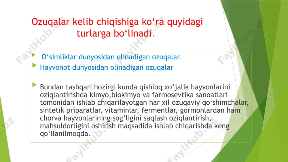 ziq moddalar shimishida va o‘zlashtirishida, osmotik bosimini saqlashda muhim ahamiyatga ega. mineral moddalar – ikkita katta gruppani (makro va mirkoelementlarni) tashkil etadi. makroelementlar kalsiy, fosfor, natriy, xlor, kaliy kabi moddalardan tashkil topgan. mikroelementlar temir, mis, marganets, kobalt, yod va hokazolardan iborat. bu moddalar hayvon organizmi uchun juda muhim hisoblanadi. organik moddalar – azotli, azotsiz moddalardan va vitaminlardan tashkil topgan. azotli moddalar – aralashmali protein tarkibida azot bo‘lgan, oqsilsiz birikmalardan iborat aminlar hisoblanadi. yem-xashak tarkibida protein turli miqdorda bo‘ladi. masalan, dukkakdosh o‘simliklar poyasida 15%, donida 25- 30%, baliq unida 50-60% atrofida bo‘lishi aniqlangan. . azotsiz moddalar – yog‘lar va uglevodlardan tashkil topgan. o‘simliklar tarkibida yog‘lar oz (0,1-6%) miqdorda uchraydi. lekin tarkibida yog‘ moddasi bo‘lgan o‘simliklar donida va uning chiqindilari (kunjara, shrot) da u ko‘proq bo‘ladi. yog‘ hayvonlar organizmida energiya manbai hisoblanadi uglevodlar – asosan kletchatka (sellyuloza) va azotsiz ekstraktiv moddalardan tashkil topgan. ularning ichida eng qimmatlisi qand va kraxmal hisoblanadi. kletchatka …