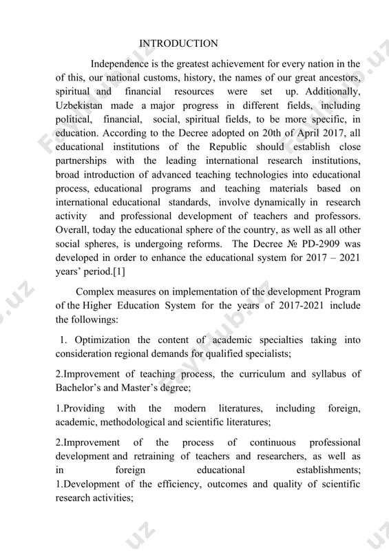 rovement of the content of spiritual enlighte nment and educational issues; 1strengthening the economic and technical resources of higher education institutions; 1.modernization of existing as well as creating modern teaching and scientific laboratories; 2providing the teaching process with modern information and communication technologies.[2] according to the program, during the years of 2017-2021 construction, reconstruction and major repairs of 180 educational and scientific laboratories, sports facilities and units of social engineering infrastructures belonging to 48 higher educational inst itutions will be carried out. at the same time, step-by-step realization of ultra-modern equipment’s of 400 teaching laboratories in 53 educational establishments included to the plan, and scientific laboratories intended in the cooperation with other higher educational establishments in the field of scientific research are going to be established. until 2021, it is planned step-by-step increase the number of student enrollment for 18 percent on bachelor’s degree and master’s specialty taking into consideration, …