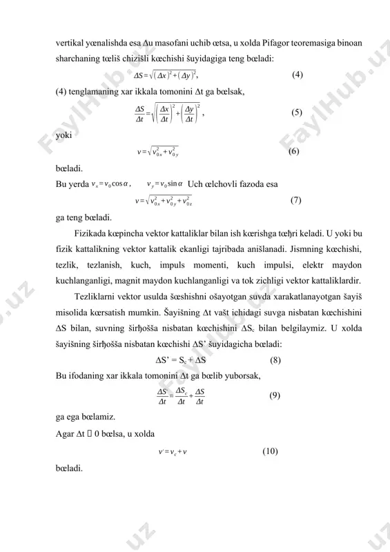 at bilan vy boshlanђich tezlikda yušoriga vertikal yœnalgan tekis sekinlanuvchan xarakat yiђindisidan iborat bœlgan murakkab xarakatdir. x va u ning (2) tenglamadagi ifodalaridan t vaštni yœšotib, trayektoriya tenglamasini topamiz: (3) (3) tenglamadagi x va x2 oldidagi koeffitsiyentlar œzgarmas kattaliklardir, ularni a va b bilan belgilasak, u xolda (4) xosil bœladi, bu parabola tenglamasidir. demak, gorizontga nisbatan burchak ostida otilgan jism parabola bœyicha xarakat šilar ekan. trayektoriyaning eng yušori nuštasida tezlikning vertikal tashkil etuvchisi nolga teng, yaʼni vy=0. shuning uchun jismning maksimal balandlikka kœtarilish vašti t1 ni tenglikdan anišlash mumkin, bundan (5) bœladi. jismning kœtarilish balandligi fašat tezlikning vertikal tashkil etuvchisiga boђliš. maksimal kœtarilish balanligi xm (2) formuladagi u ning ifodasiga maksimal balandlikka kœtarilish vašti t1 ning šiymatini šœyib anišlanadi, yaʼni: (6) oђirlik kuchi taʼsiri ostida xarakatlanayotgan jismning kœtarilish vašti uning tushish vaštiga teng. shuning uchun jismning tœliš uchish vašti (7) munosabatdan topiladi. jismning uchish uzošligi fašat tezlikning gorizontal tashkil etuvchisiga …