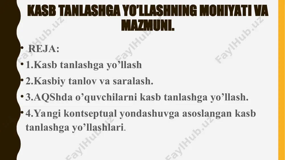 al-psixologik xususiyatlari, shaxsiy fazilatlari, kasbiy qiziqishlari, moyilligi, sog’ligi va mehnat bozori ehtiyojlarini o’rganish asosida psixologik-maslaxatchi bilan ilmiy tashkil etilgan o’zaro muloqot tizimidan iborat. kasbiy tanlov va saralash kasbiy faoliyatning alohida turlariga yaroqlilik darajasini aniqlashga yo’naltirilgan shaxsning psixofiziologik xususiyatlari (tanlash) yoki aniq bir kasbga bo’lgan psixofiziologik me’yoriy talablar (saralash) asosida shaxsni har tomonlama o’rganish tizimidir moslashish - - ishlab chiqarishda kasbiy faoliyatning ijtimoiy-psixologik va tashkiliy-texnik sharoitlariga shaxsni moslashtirishga, uni muvofaqqiyatli ravishda kasbni egallashi uchun shart-sharoitlarni yaratishga yo’naltirilgan choralarning majmuaviy tizimidir. ilg’or xorijiy mamlakatlarda kasb tanlashga yo’llash tajribasi aqshda kasb tanlashga yo’llashishlari xx asrning boshlarida shakllana boshladi. bu davrda, mamlakatda sanoat ishlab chiqarish tez o’sishi jarayonida bo’lganligi sababli, umumiy ta’lim va maxsus malakali kadrlarga bo’lgan talab ham ortgan edi. bu muammoni hal qilish uchun, 1908 yilda boston shahrida f.parsons tomonidan shahar maktablari o’quvchilari uchun birinchi kasb tanlashga yo’llash maslahat byurosi tashkil etiladi. byuroning faoliyati kasbga yo’naltirishni boshlanishi hisoblangan. f.parsonsning shaxs xususiyatlari va …