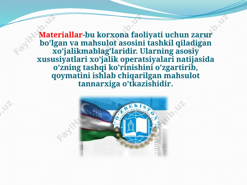 sarflangan material 2800 2860 ombordagi qoldiq 1400 900 1260 fifo usulida materiallarni baholash tartibi material sarfi miqdori narxi (so’m) qiymati (m.so’m) 1-partiya 1500 900 1350 2-partiya 1300 800 1040 3-partiya - - - jami sarflangan material 2800 2390 ombordagi qoldiq 400 1000 800 600 320 600 jami qoldiq 1400 920 lifo usulida materiallarni baholash tartibi 1000 «materiallar» ni hisobga oluvchi schyotlarning chizmasi schyotning kreditiga debet schyotning debetiga kredit 2010, 2310, 2510, 2610, 3100 – schyotlar – fifo va aveko baholari buyicha asosiy ishlab chiqarish mahsulotini tayyorlashga; 6010 –mol yuboruvchilardan tushgan qiymatliklar - olingan qiymatliklarni tashish va olib kelish qiymatiga; 2710 – xizmat ko’rsatuvchi xo’jaliklar ehtiyoji uchun materiallar sarflanganda 4200 –hisobdor shaxslar hisobidan sotib olingan qiymatliklar summasiga, hisobdor shaxslar tomonidan to’langan yuklash – tushirish xarajatlari summasiga; 9220–materiallarni chetga jo’natish va sotish bo’yicha; chetga sotilgan mahsulotga tegishli transport-tayyorlov xarajatlariga. 6710 –yuklovchilarga hisoblangan ish haqiga; 1510–«materiallar tayyorlash va sotib olish» schyotida yo’ldagi material …